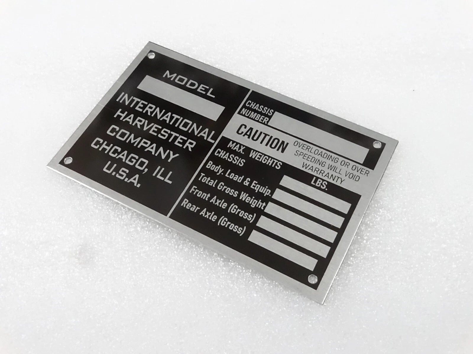 DATA PLATE FOR VINTAGE INTERNATIONAL HARVESTER COMPANY TRUCK DATE #V257-7