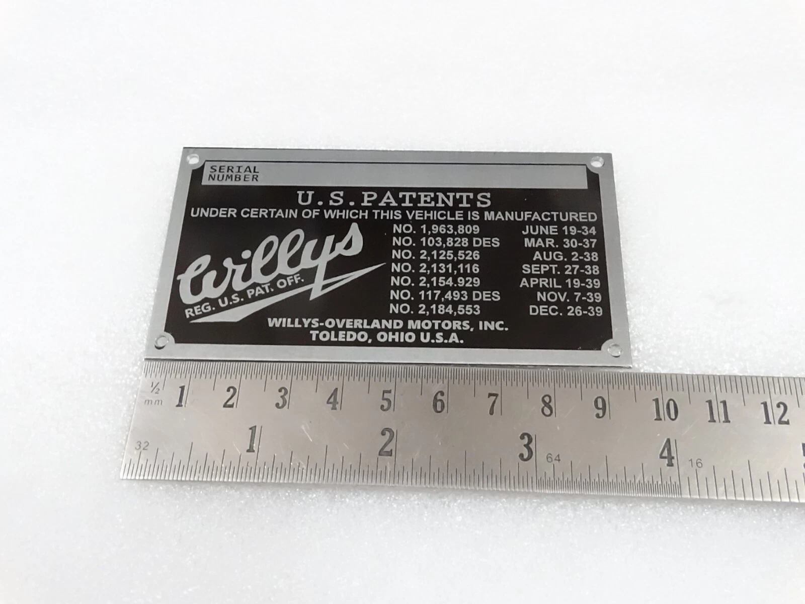 DATA PLATE FOR VINTAGE WILLYS OVERLAND MOTORS SEDAN COUPE #V263-7