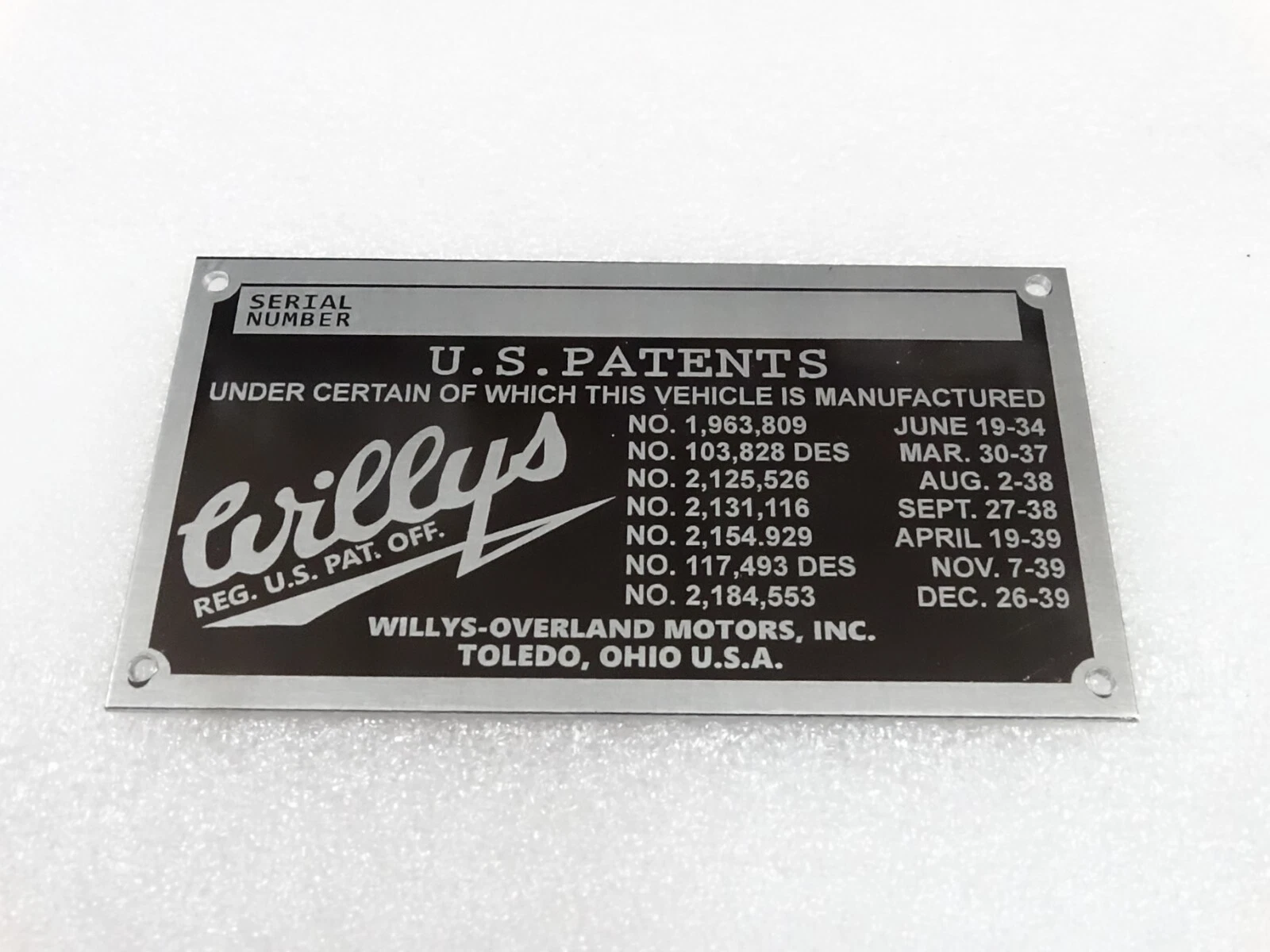 DATA PLATE FOR VINTAGE WILLYS OVERLAND MOTORS SEDAN COUPE #V263-7