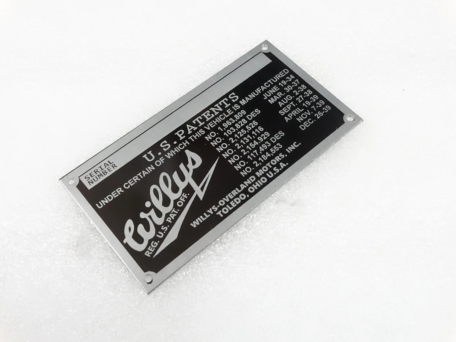 DATA PLATE FOR VINTAGE WILLYS OVERLAND MOTORS SEDAN COUPE #V263-7