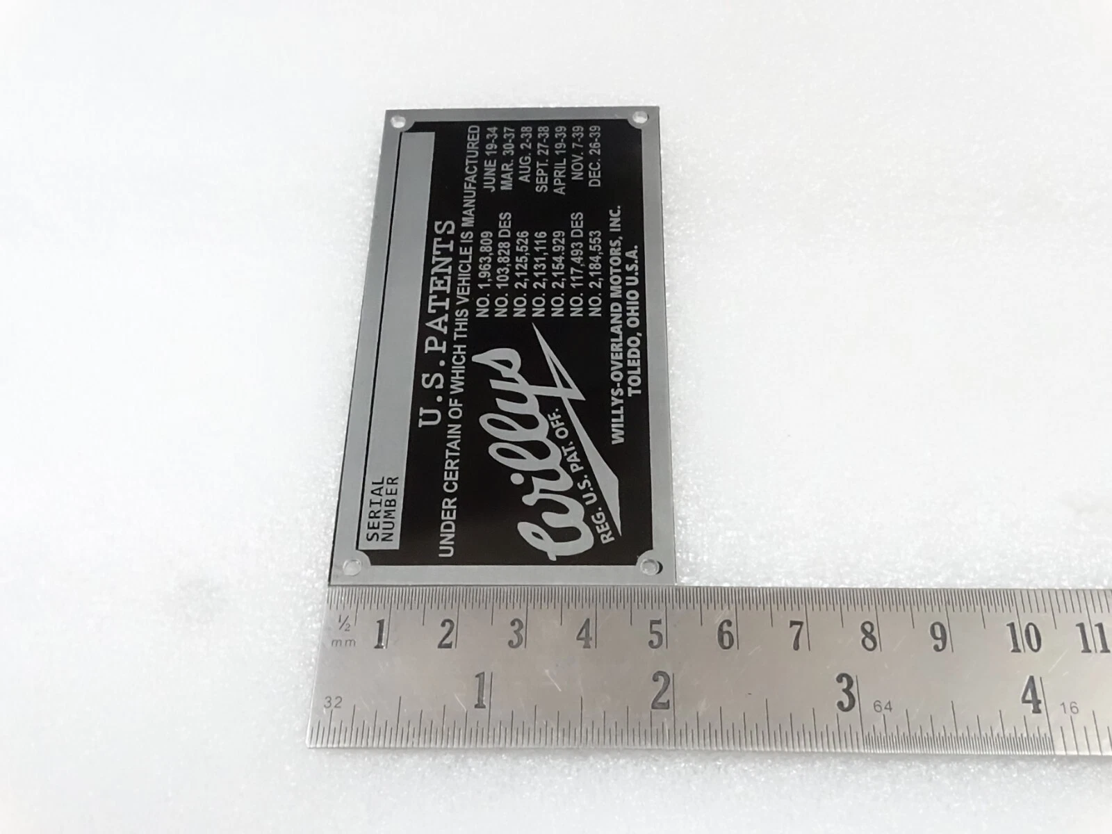 DATA PLATE FOR VINTAGE WILLYS OVERLAND MOTORS SEDAN COUPE #V263-7