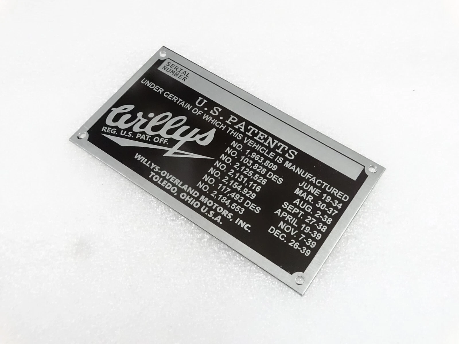 DATA PLATE FOR VINTAGE WILLYS OVERLAND MOTORS SEDAN COUPE #V263-7