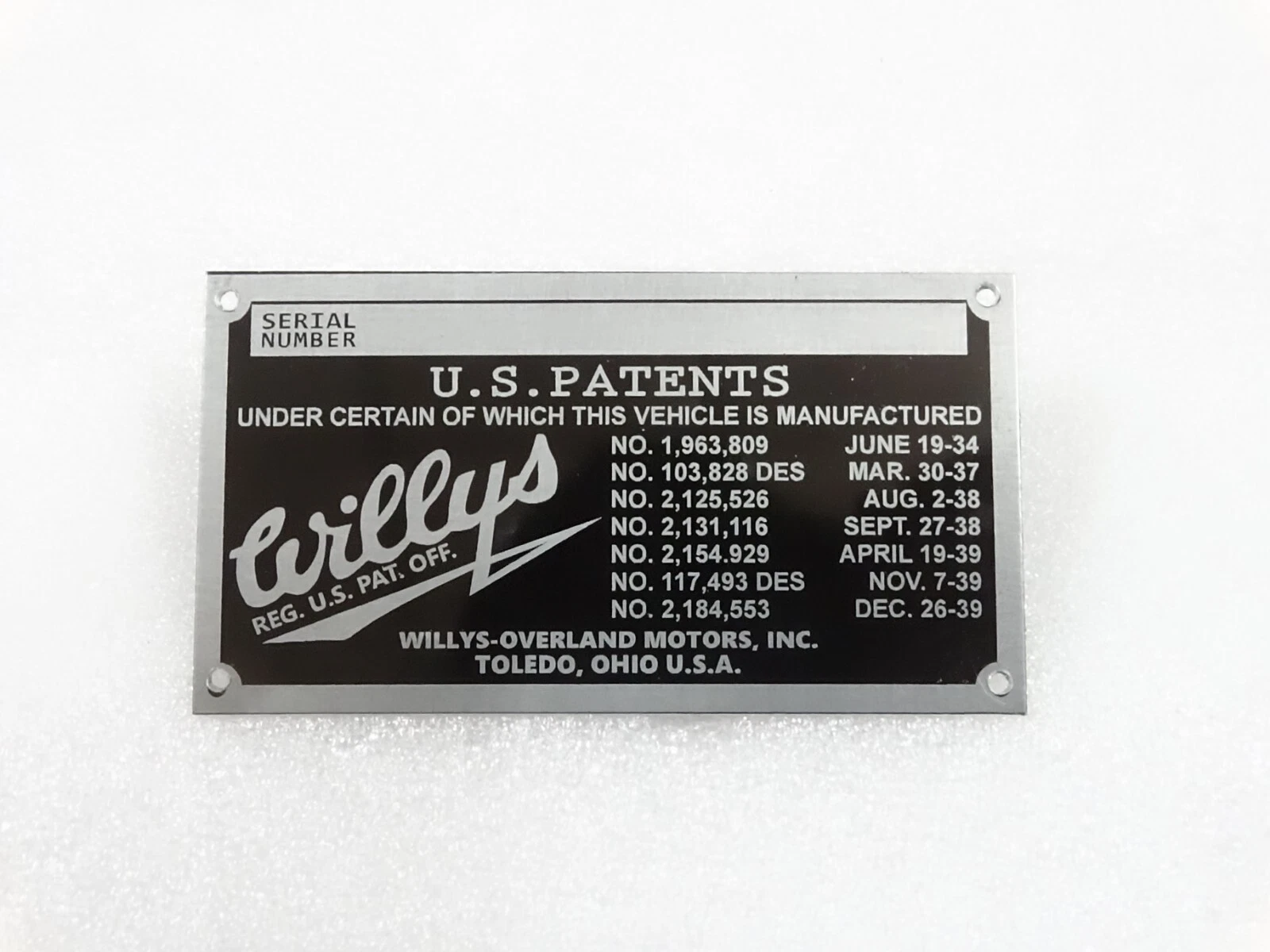 DATA PLATE FOR VINTAGE WILLYS OVERLAND MOTORS SEDAN COUPE #V263-7