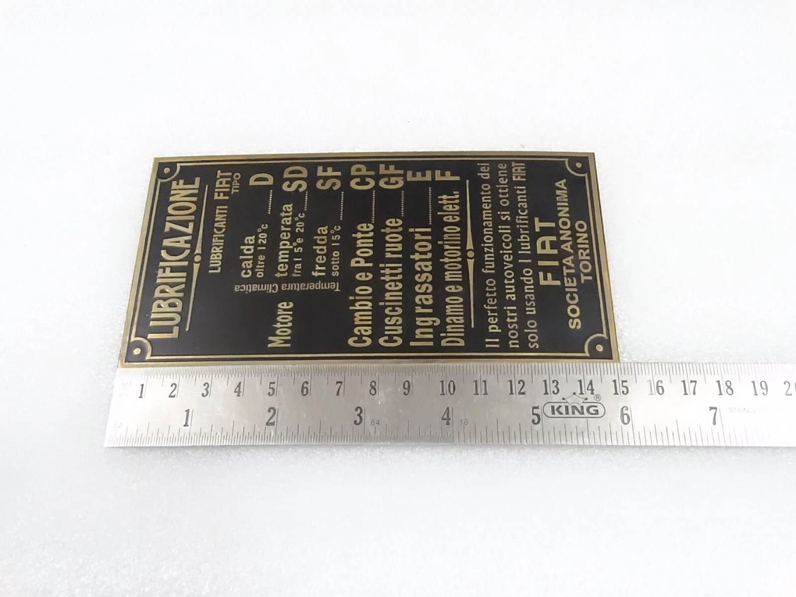 BRASS DATA PLATE FITS TO VINTAGE FIAT CAR #V268-7