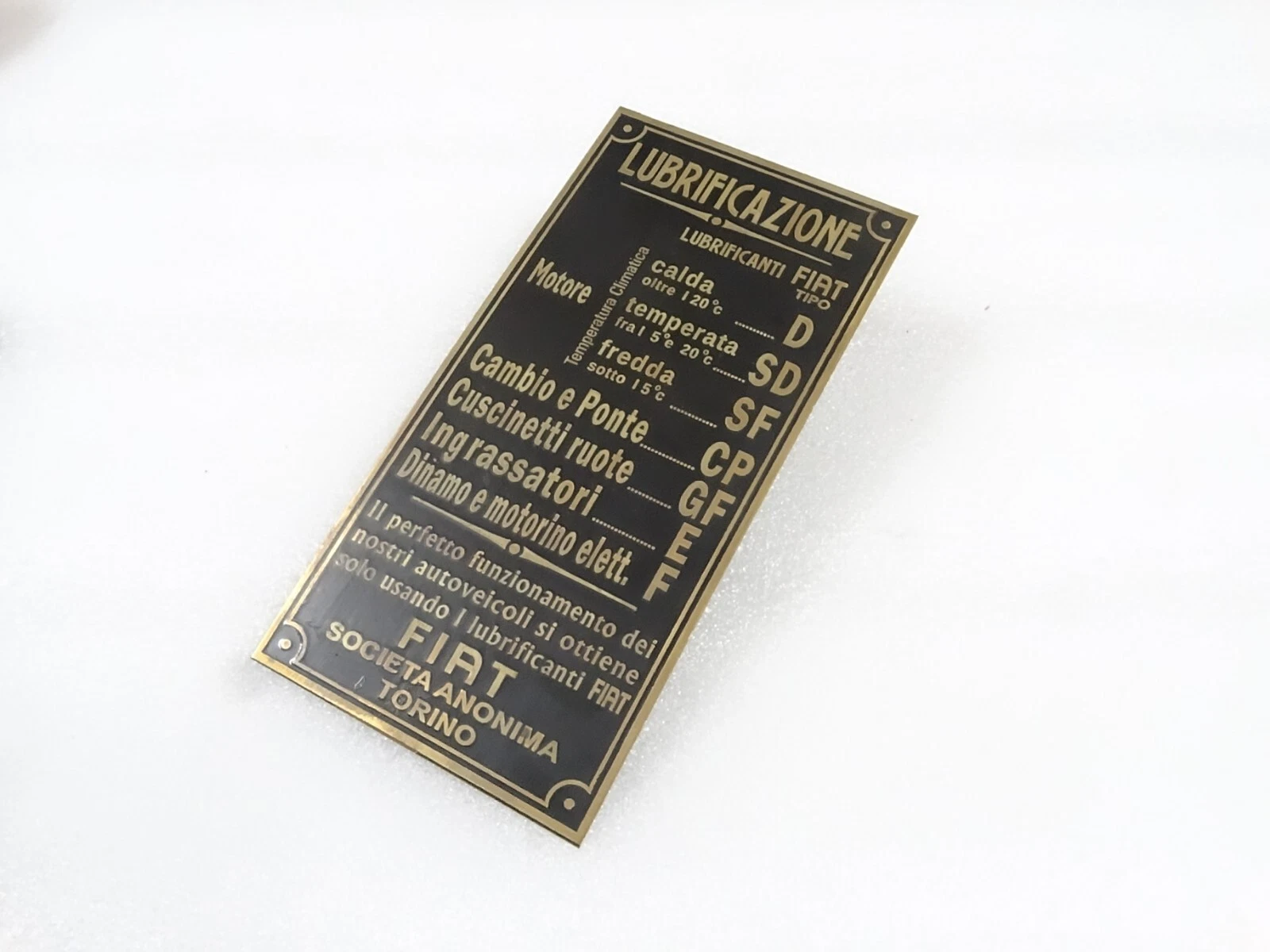 BRASS DATA PLATE FITS TO VINTAGE FIAT CAR #V268-7