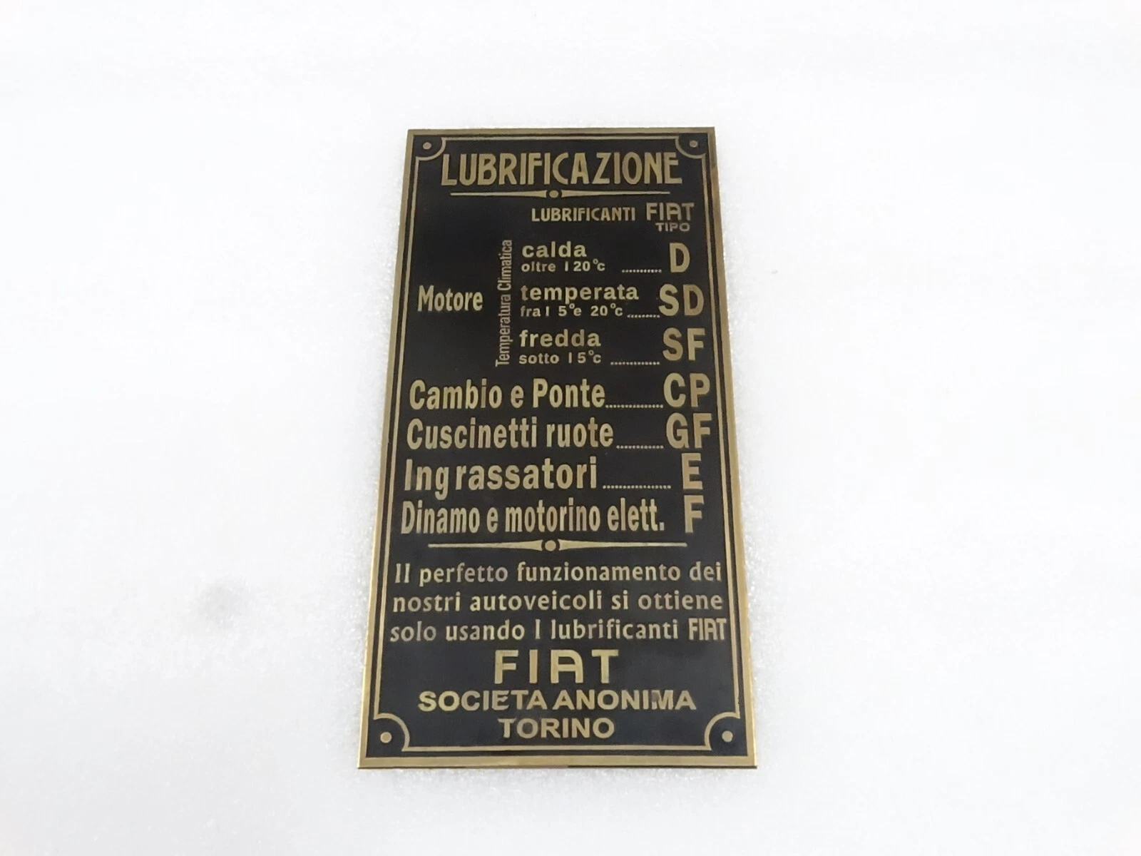 BRASS DATA PLATE FITS TO VINTAGE FIAT CAR #V268-7