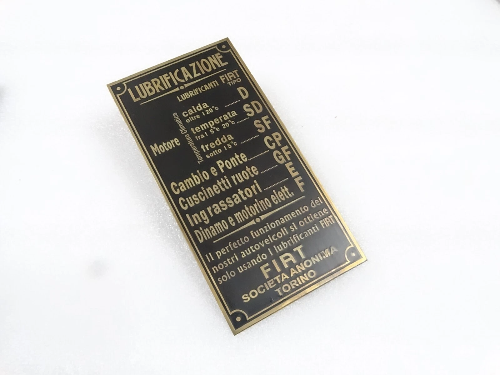 BRASS DATA PLATE FITS TO VINTAGE FIAT CAR #V268-7