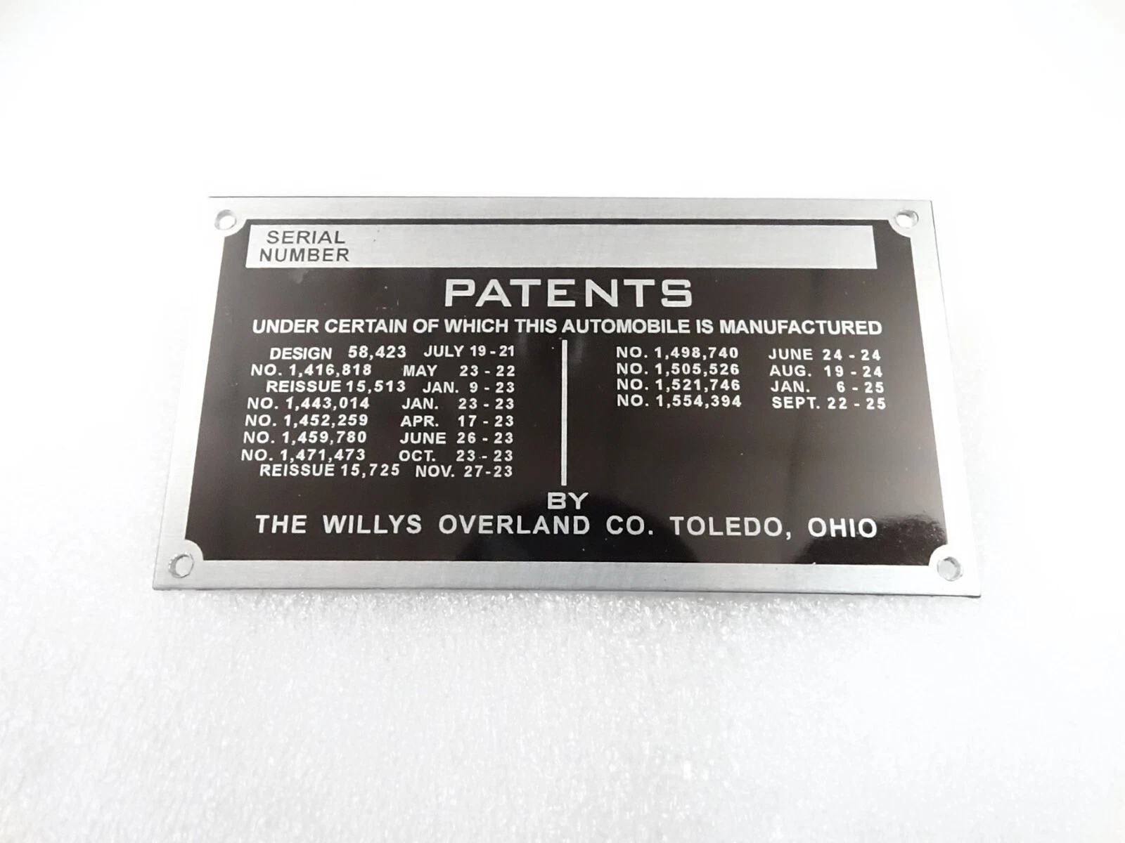 DATA PLATE FOR WILLYS OVERLAND KNIGHT 1926-1934 #V274-8