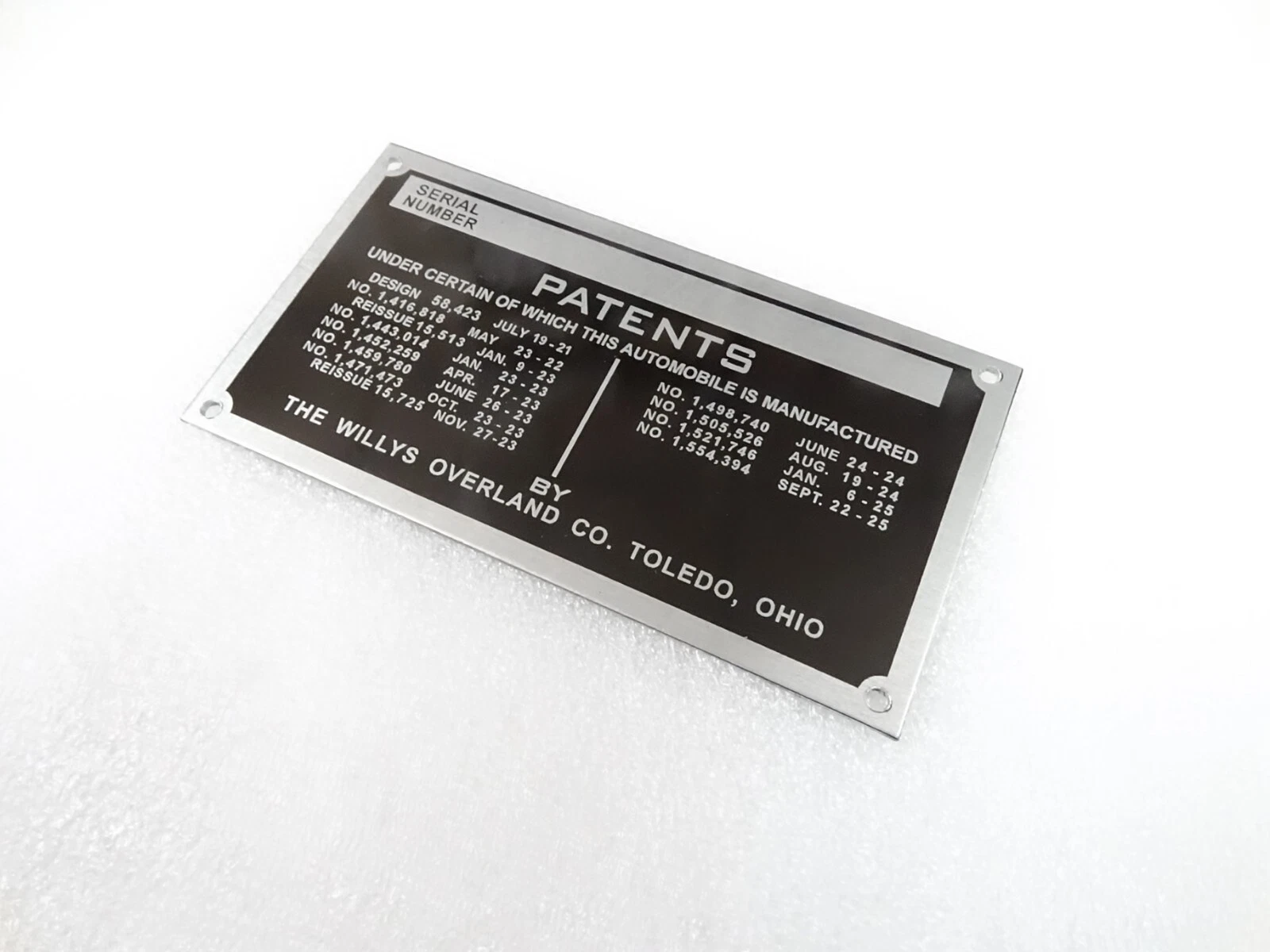 DATA PLATE FOR WILLYS OVERLAND KNIGHT 1926-1934 #V274-8