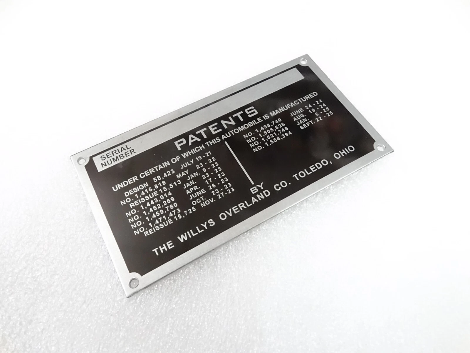DATA PLATE FOR WILLYS OVERLAND KNIGHT 1926-1934 #V274-8