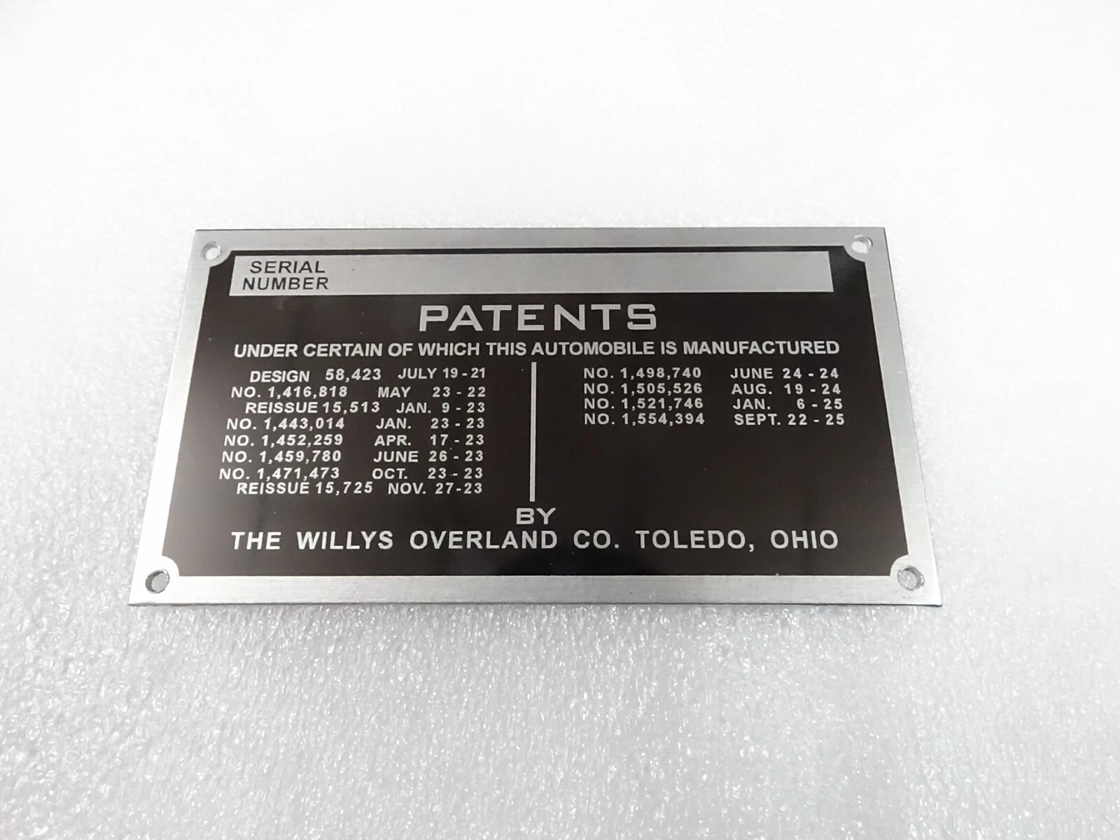 DATA PLATE FOR WILLYS OVERLAND KNIGHT 1926-1934 #V274-8