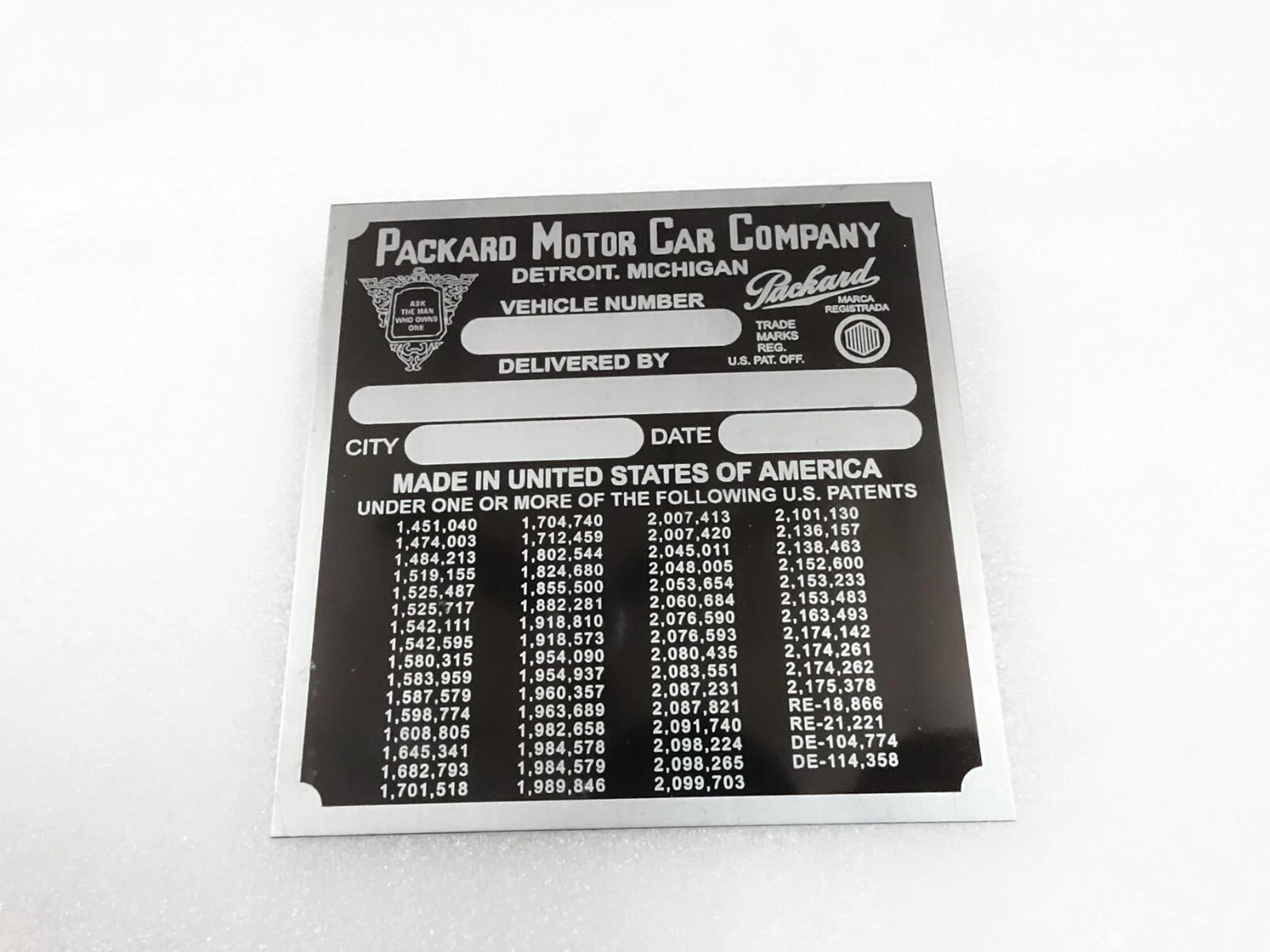 DATA PLATE FITS TO PACKARD 1941 COWL PLATE #V299-8