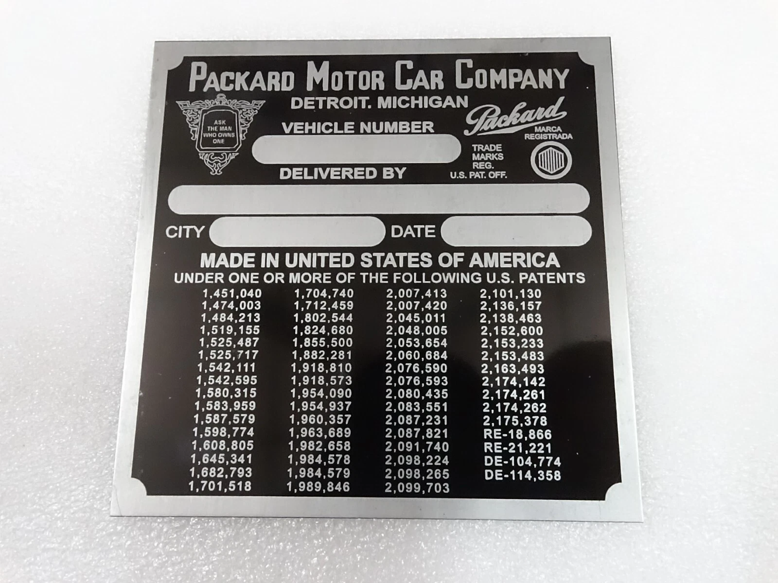 DATA PLATE FITS TO PACKARD 1941 COWL PLATE #V299-8