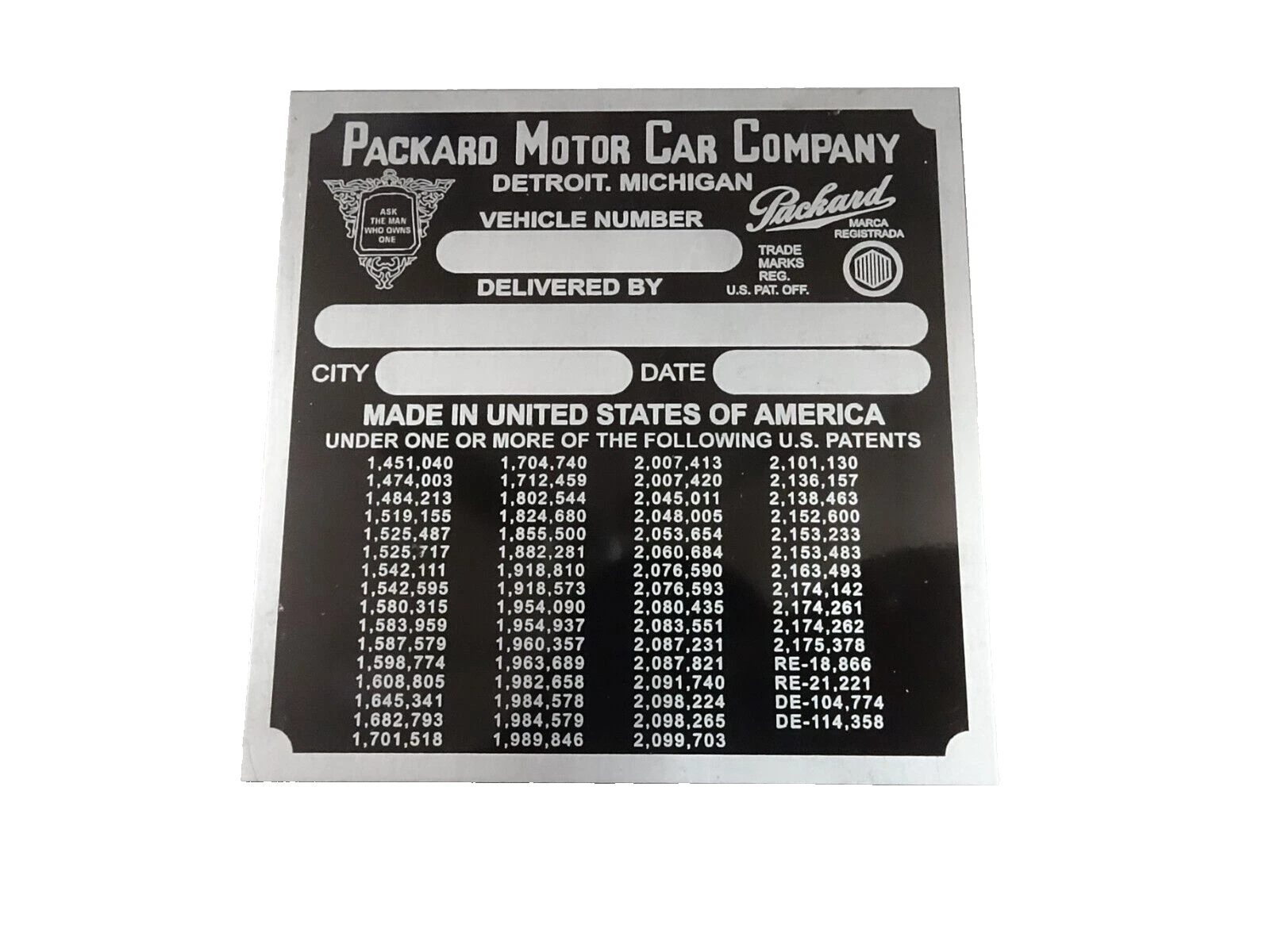DATA PLATE FITS TO PACKARD 1941 COWL PLATE #V299-8