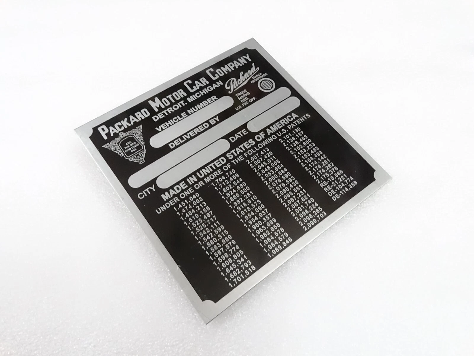 DATA PLATE FITS TO PACKARD 1941 COWL PLATE #V299-8