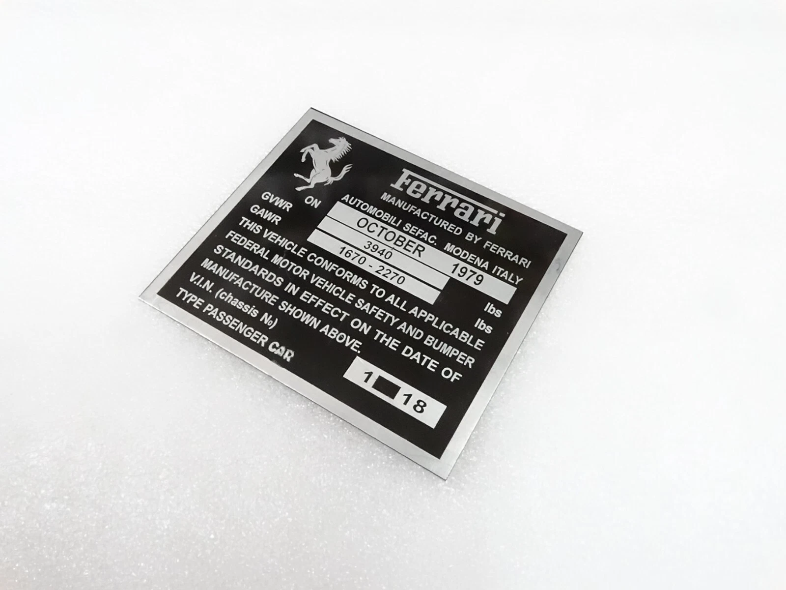 DATA PLATE FITS TO FERRARI VWR GAWR CHASIS FEDERAL SAFETY STANDARDS #V297-8