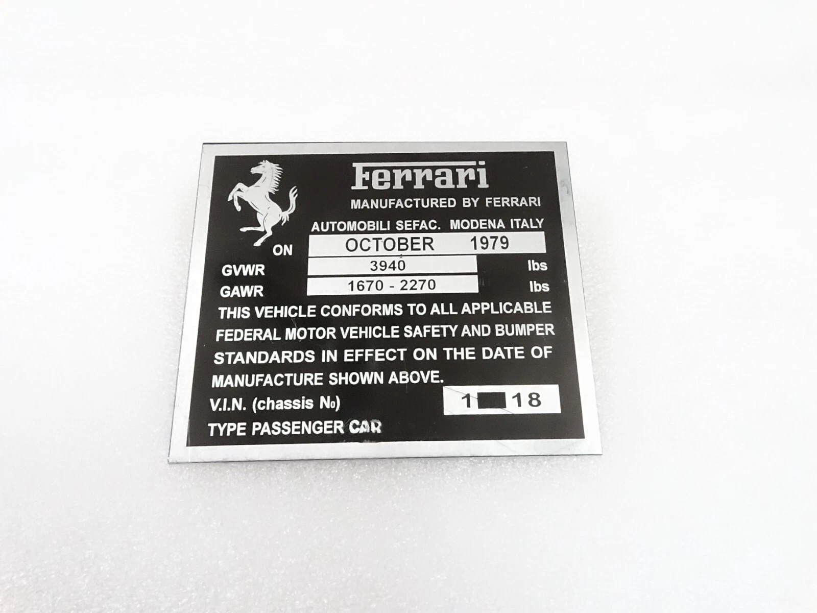 DATA PLATE FITS TO FERRARI VWR GAWR CHASIS FEDERAL SAFETY STANDARDS #V297-8