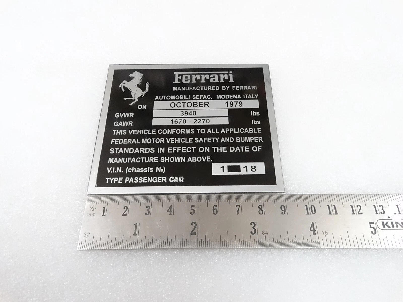DATA PLATE FITS TO FERRARI VWR GAWR CHASIS FEDERAL SAFETY STANDARDS #V297-8