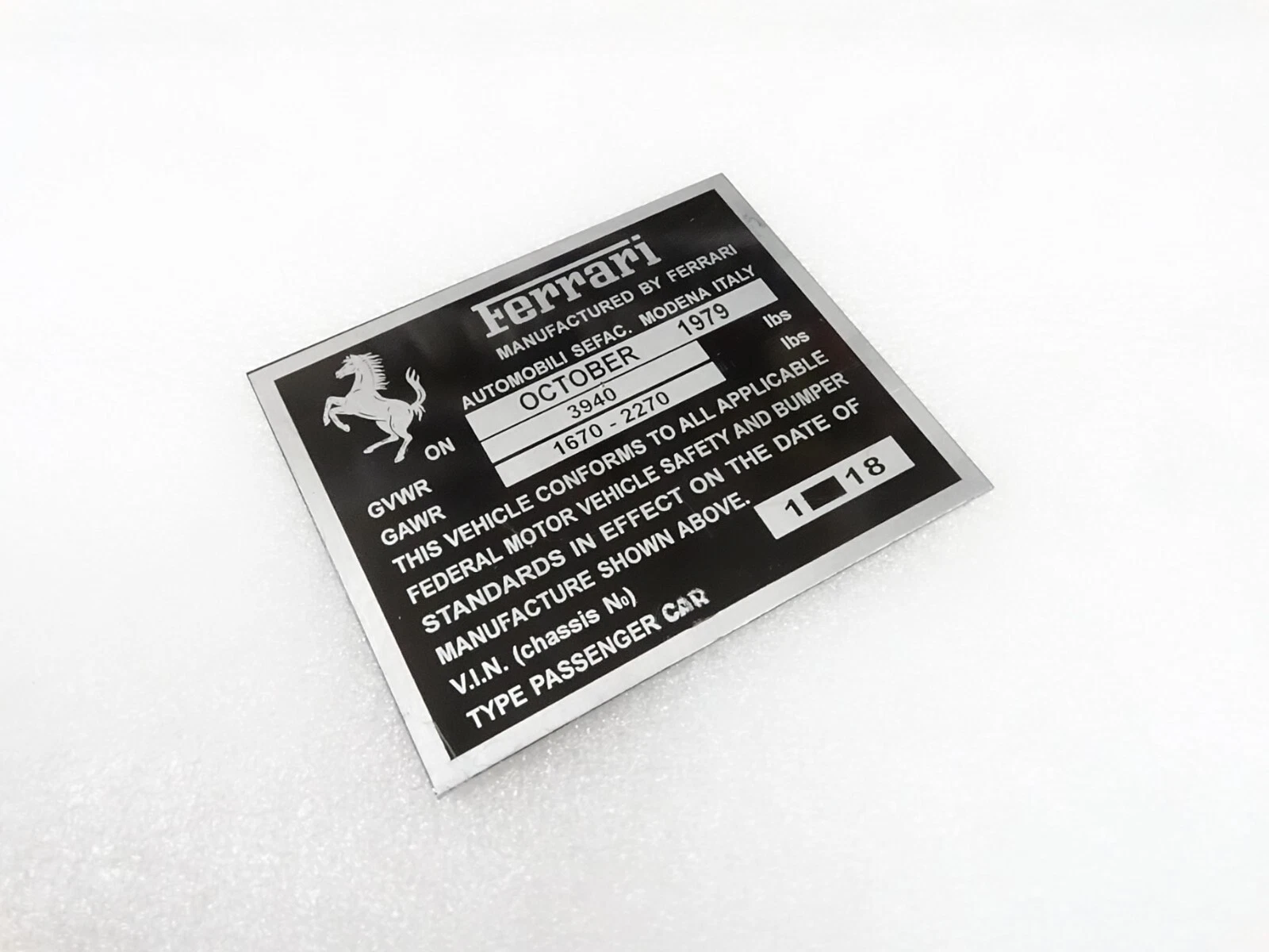 DATA PLATE FITS TO FERRARI VWR GAWR CHASIS FEDERAL SAFETY STANDARDS #V297-8