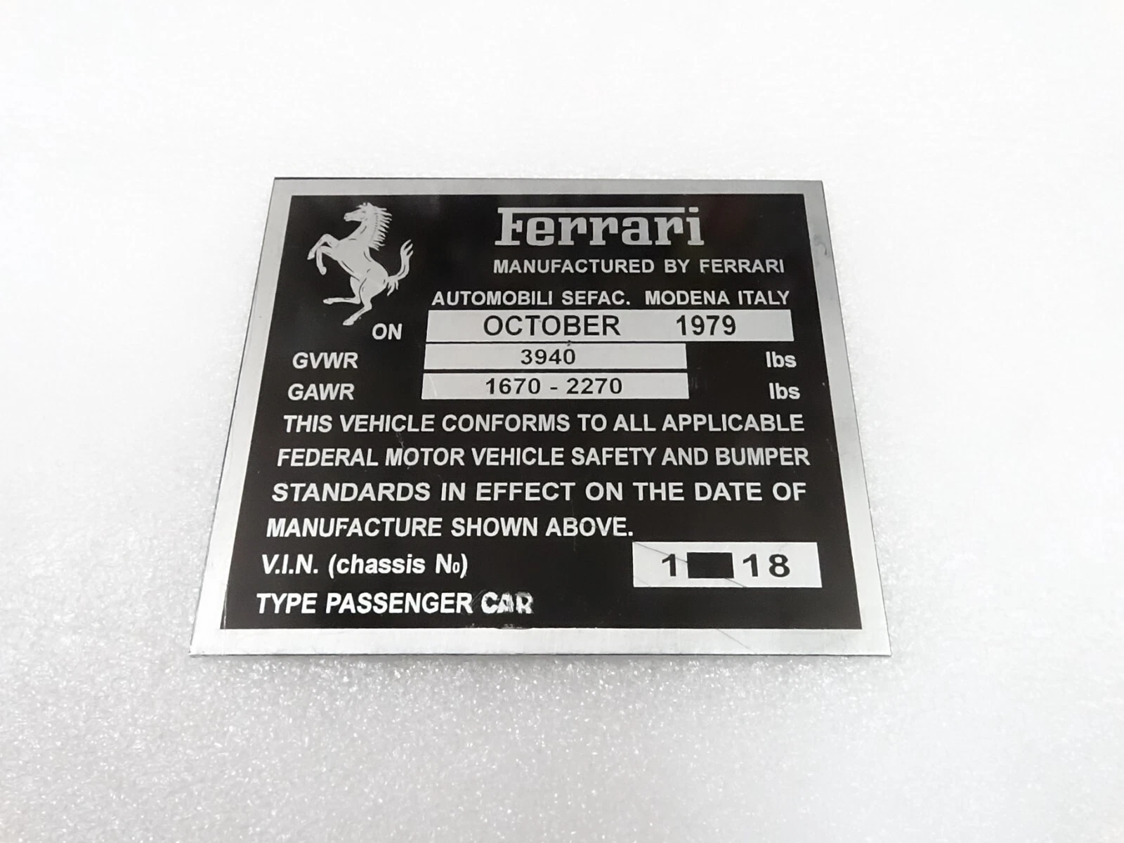 DATA PLATE FITS TO FERRARI VWR GAWR CHASIS FEDERAL SAFETY STANDARDS #V297-8