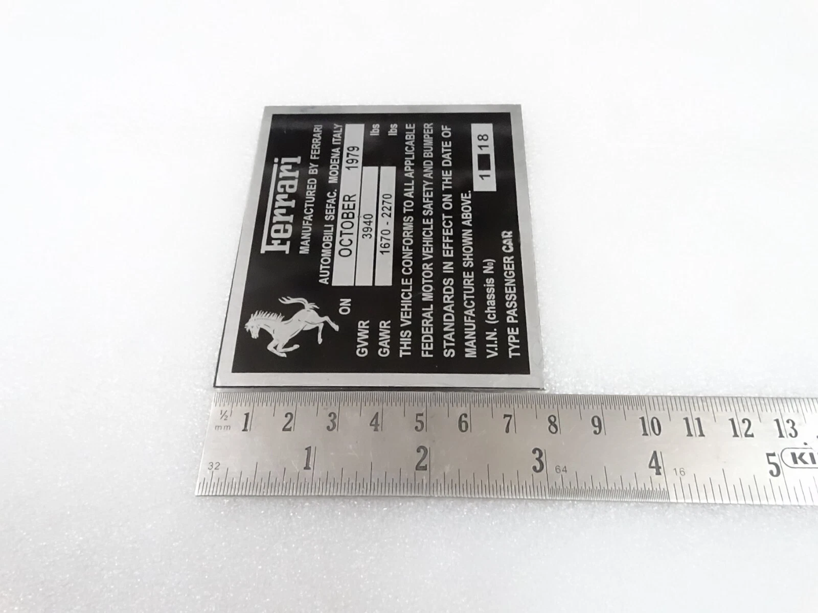 DATA PLATE FITS TO FERRARI VWR GAWR CHASIS FEDERAL SAFETY STANDARDS #V297-8