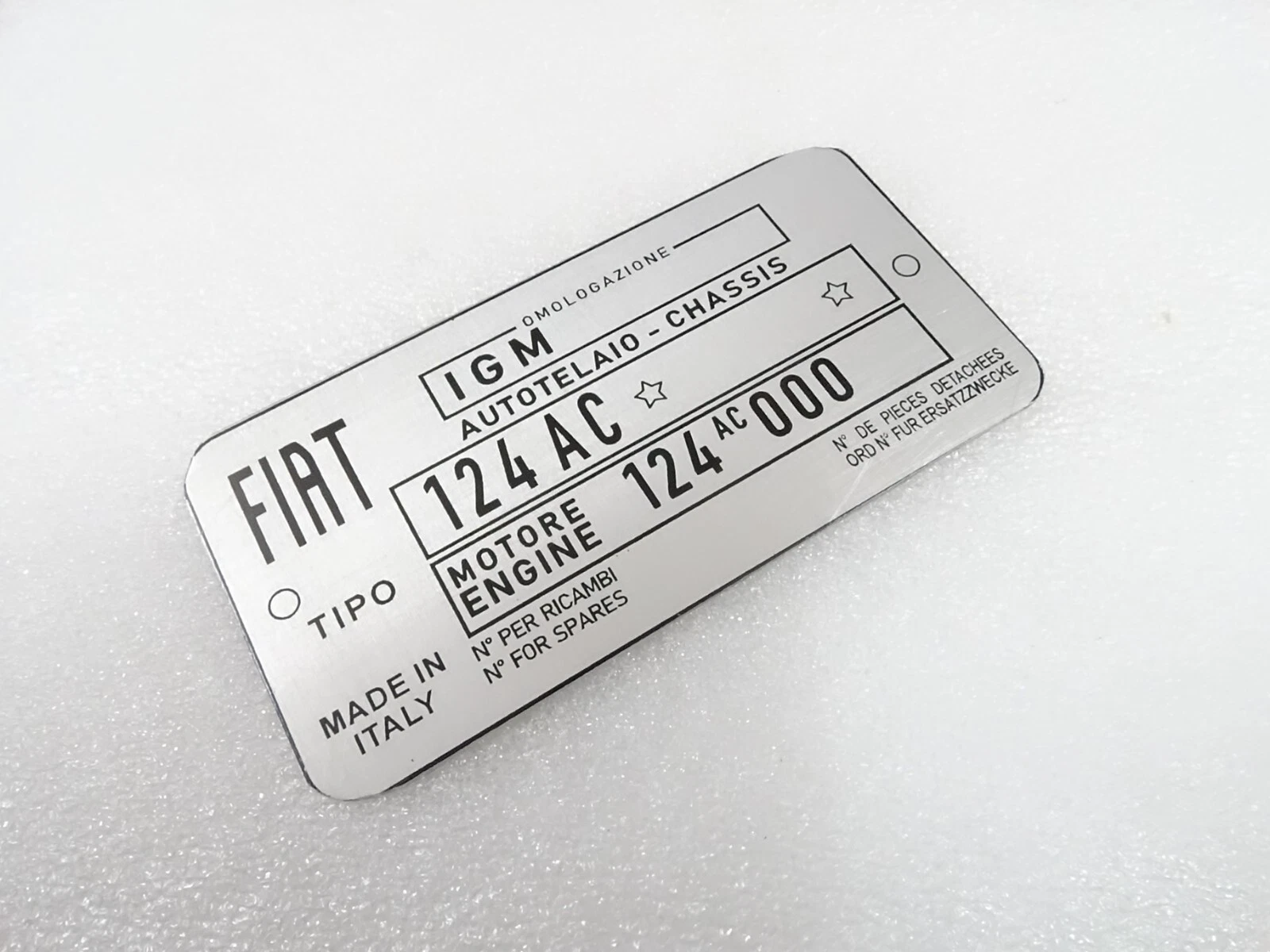 DATA PLATE FITS TO VINTAGE FIAT 124 AC SPIDER CHASIS #V329-8