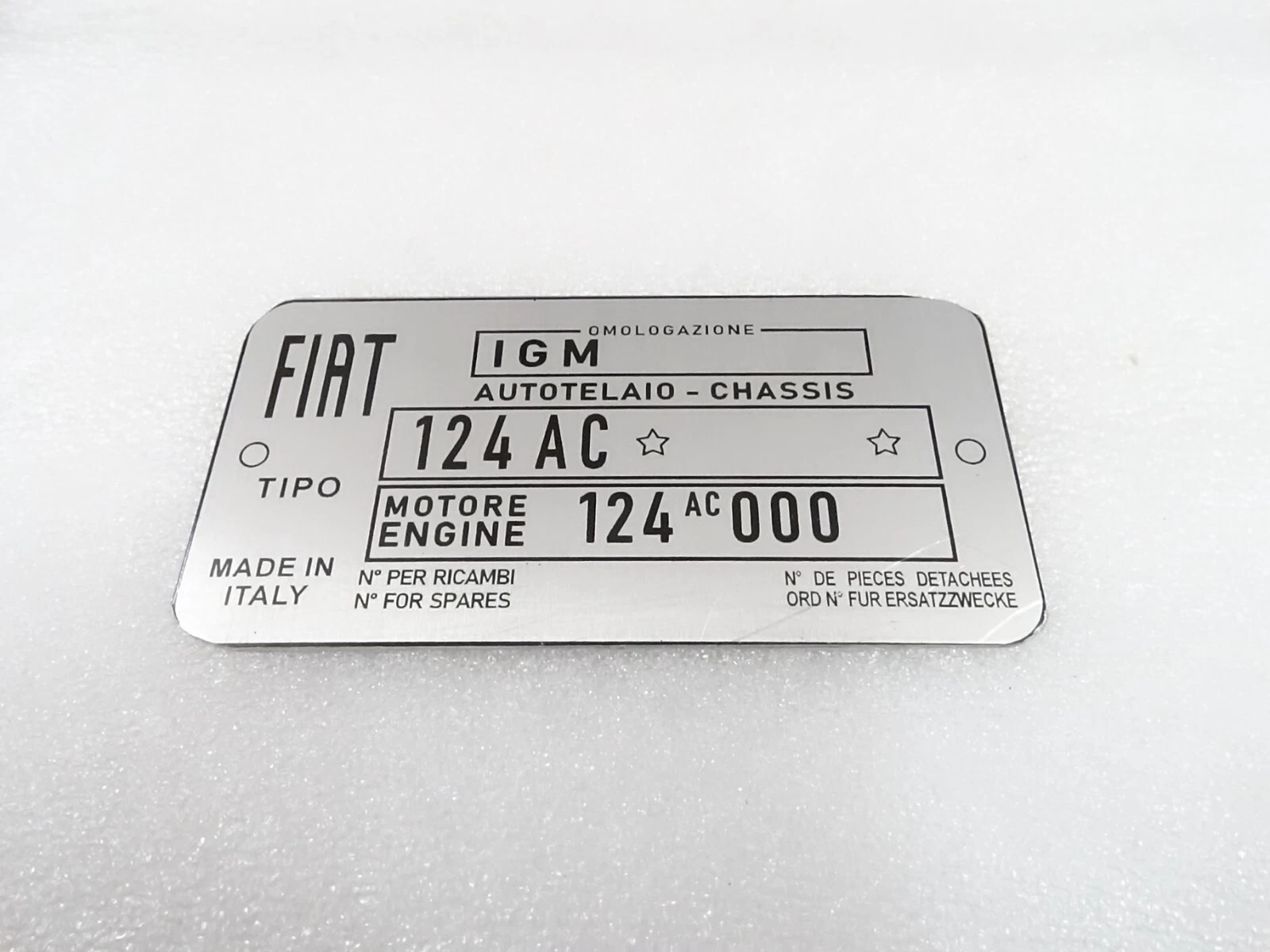 DATA PLATE FITS TO VINTAGE FIAT 124 AC SPIDER CHASIS #V329-8