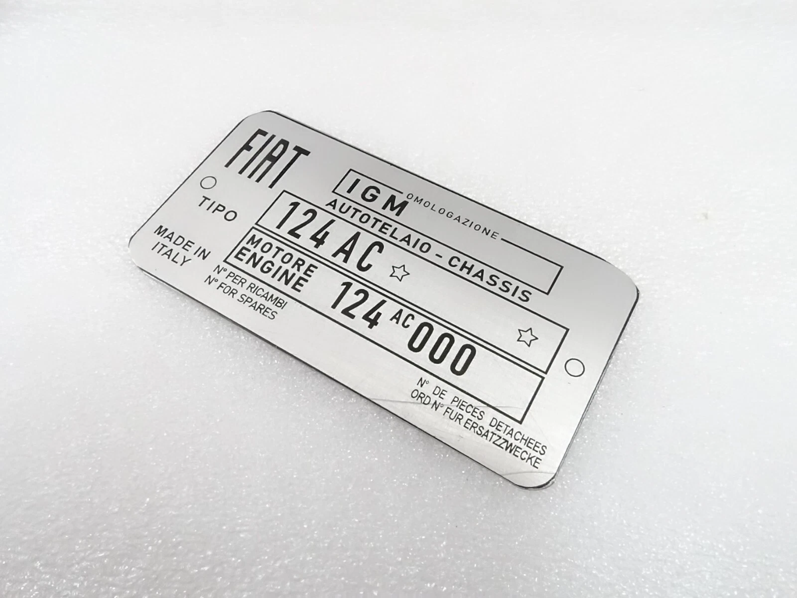 DATA PLATE FITS TO VINTAGE FIAT 124 AC SPIDER CHASIS #V329-8