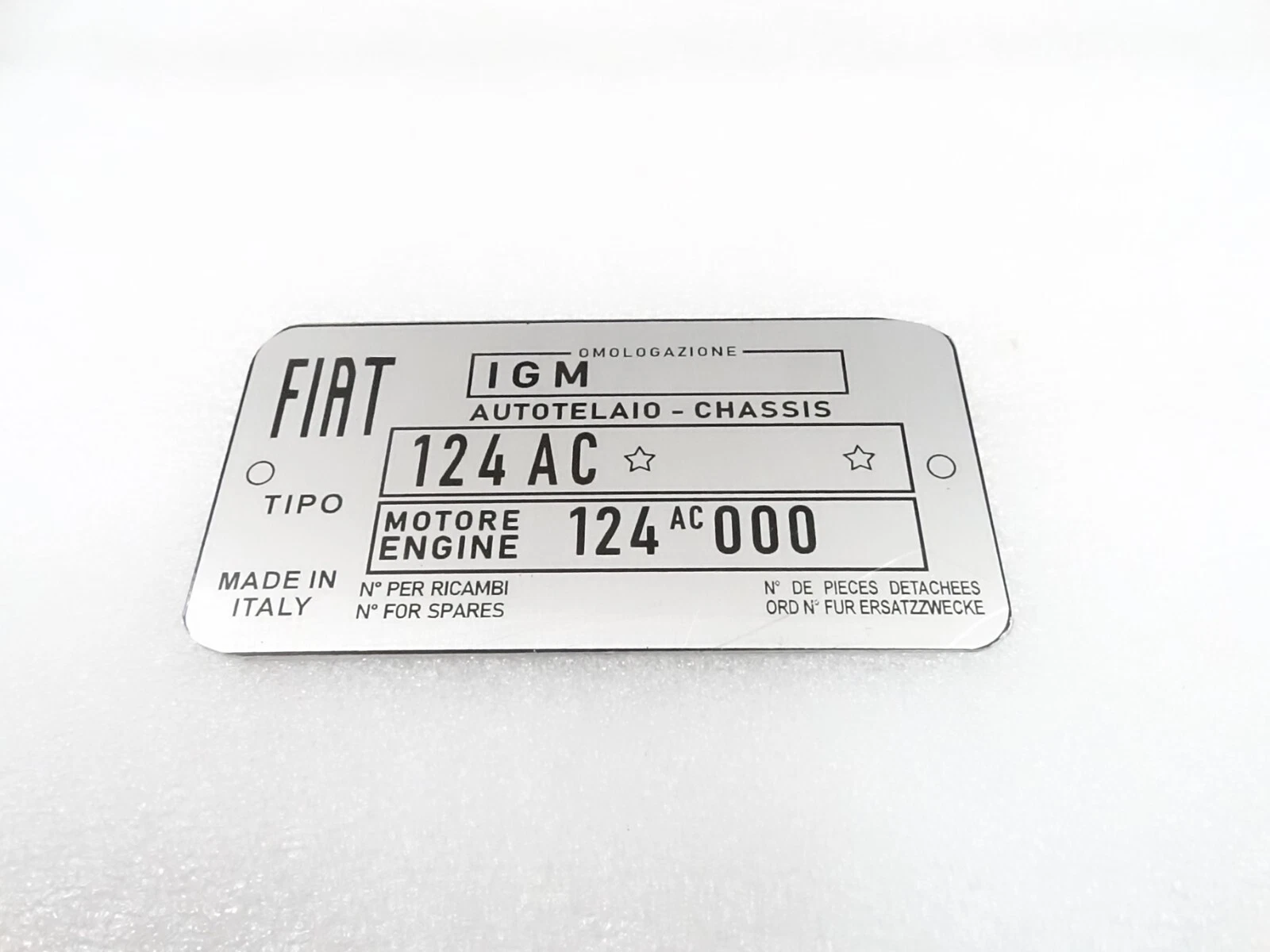 DATA PLATE FITS TO VINTAGE FIAT 124 AC SPIDER CHASIS #V329-8