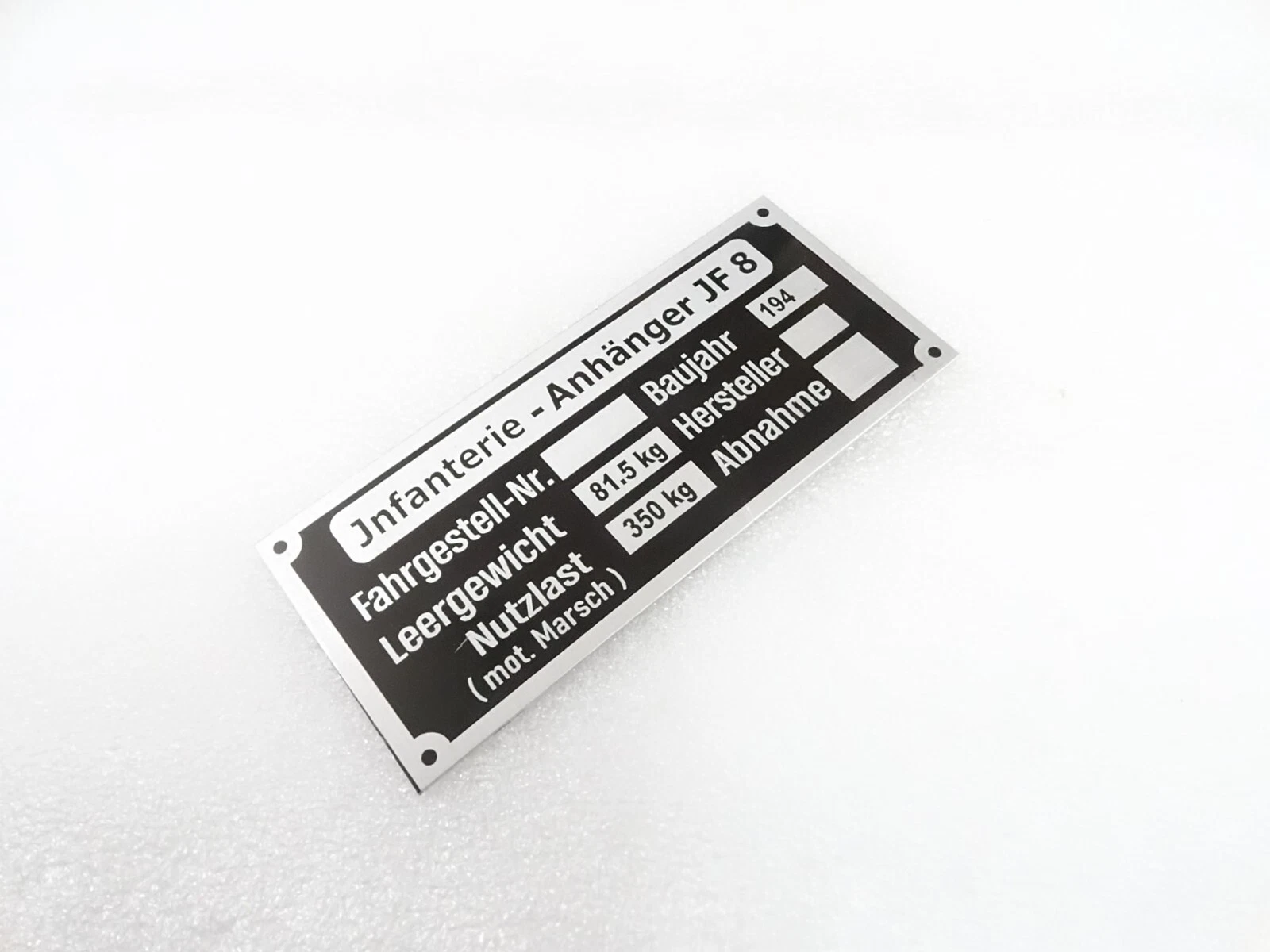 DATA PLATE FITS TO TYPENSCHILD TARGETTA JNFANTERIE -ANHANGER JF 8 GERMAN #V334-8