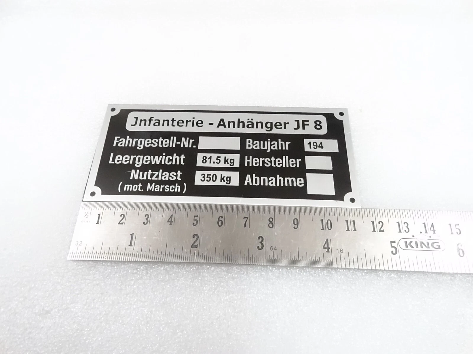 DATA PLATE FITS TO TYPENSCHILD TARGETTA JNFANTERIE -ANHANGER JF 8 GERMAN #V334-8