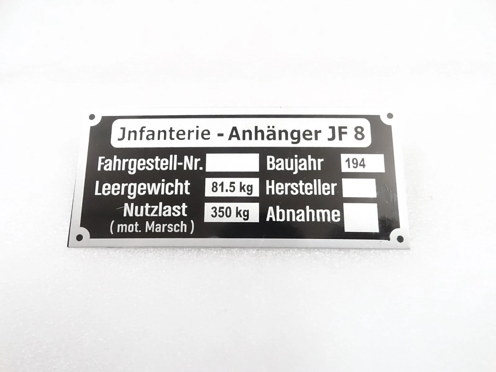 DATA PLATE FITS TO TYPENSCHILD TARGETTA JNFANTERIE -ANHANGER JF 8 GERMAN #V334-8