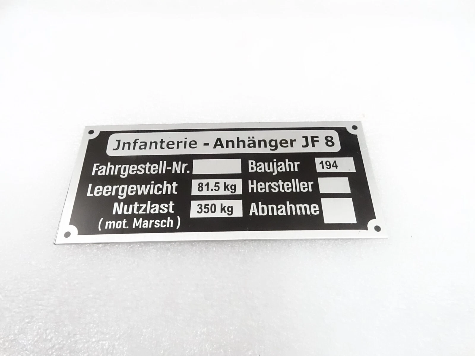 DATA PLATE FITS TO TYPENSCHILD TARGETTA JNFANTERIE -ANHANGER JF 8 GERMAN #V334-8
