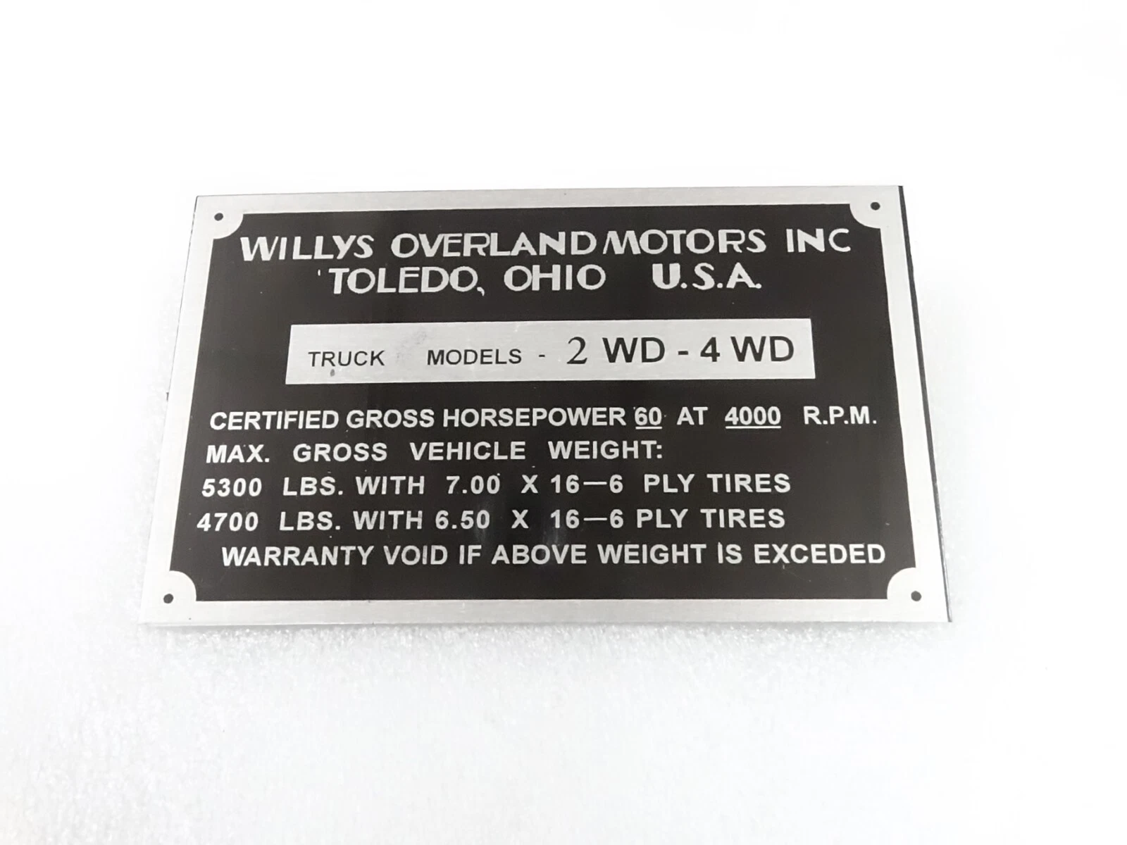DATA PLATE FOR WILYS OVERLAND TRUCK #314-8