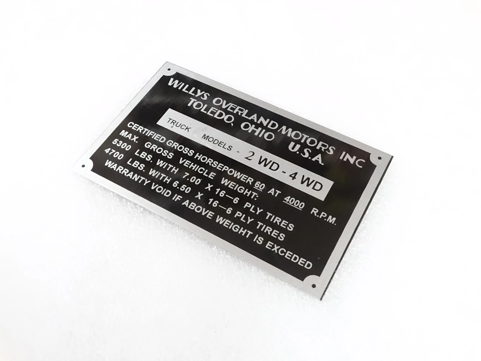 DATA PLATE FOR WILYS OVERLAND TRUCK #314-8