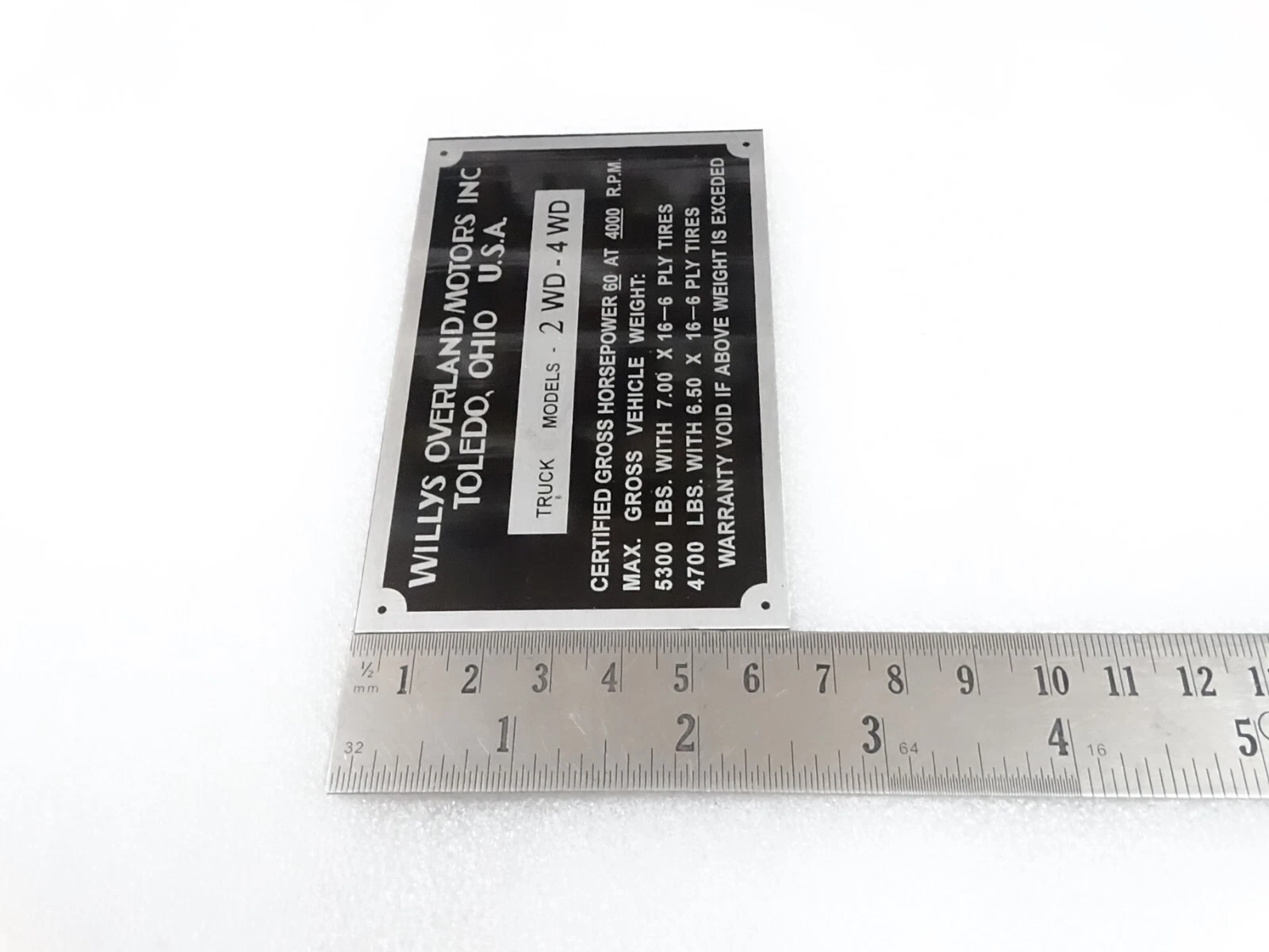 DATA PLATE FOR WILYS OVERLAND TRUCK #314-8