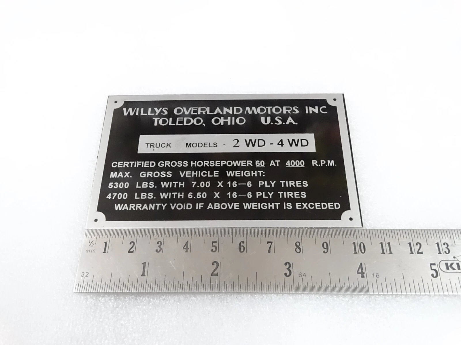 DATA PLATE FOR WILYS OVERLAND TRUCK #314-8