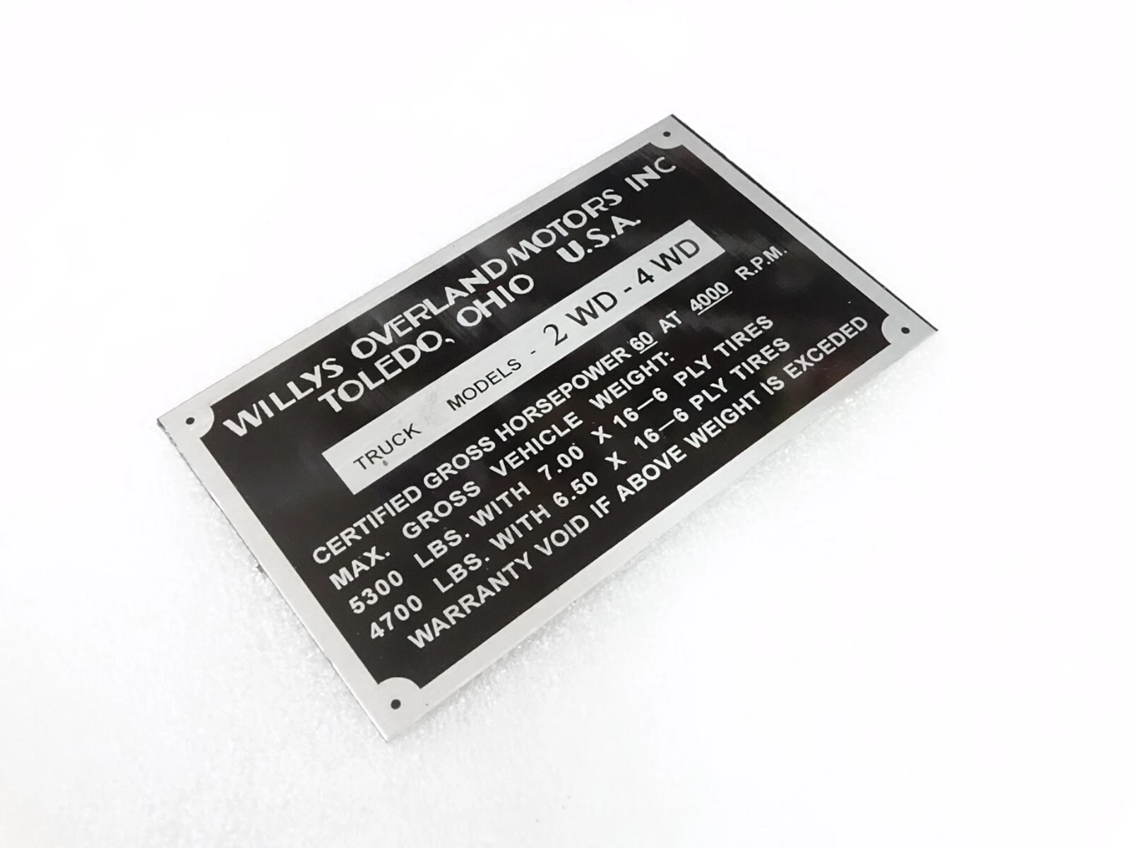 DATA PLATE FOR WILYS OVERLAND TRUCK #314-8