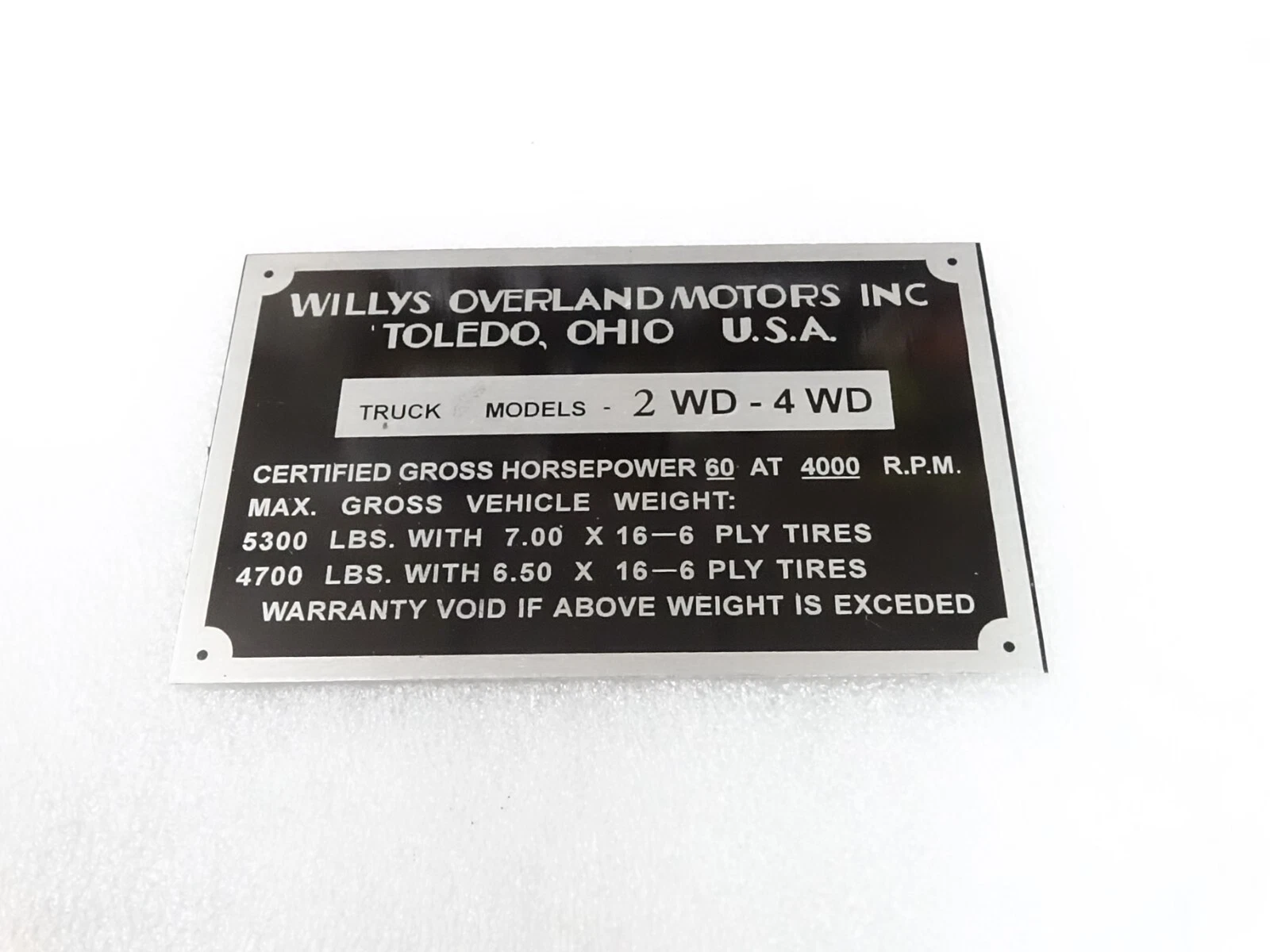 DATA PLATE FOR WILYS OVERLAND TRUCK #314-8