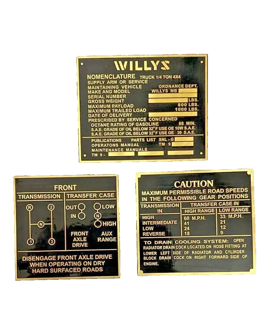BRASS MADE BLACK DASH DATA PLATE 3 UNIT FIT WILLYS JEEP FORD CJ2A CJ3A CJ3 #B567