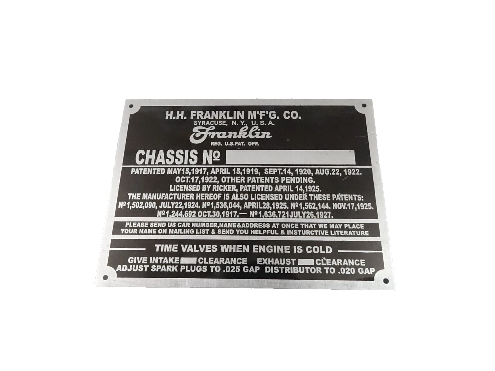 DATA PLATE FITS TO H.H. FRANKLIN AUTO 1928-31 #V399-8