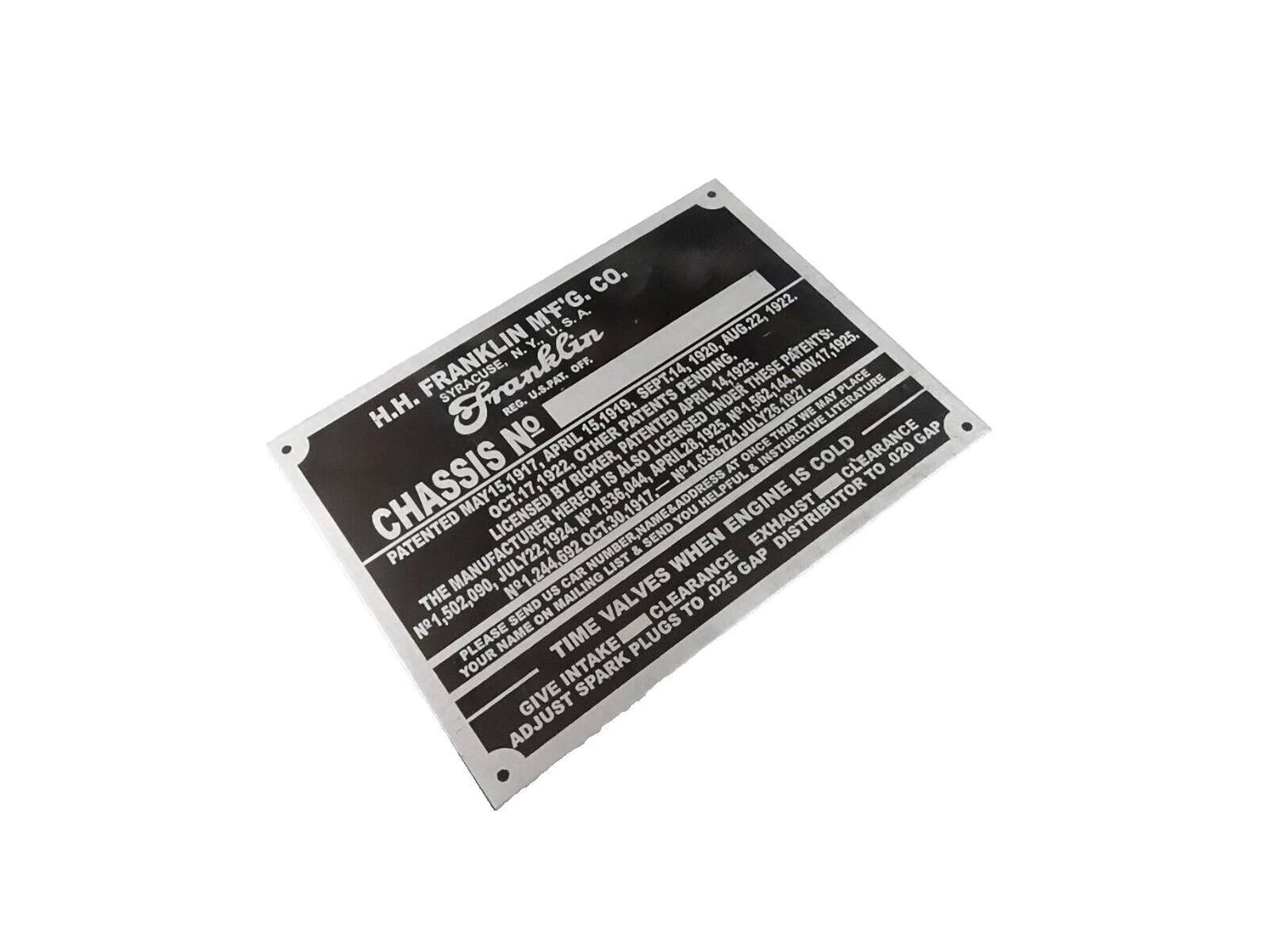 DATA PLATE FITS TO H.H. FRANKLIN AUTO 1928-31 #V399-8