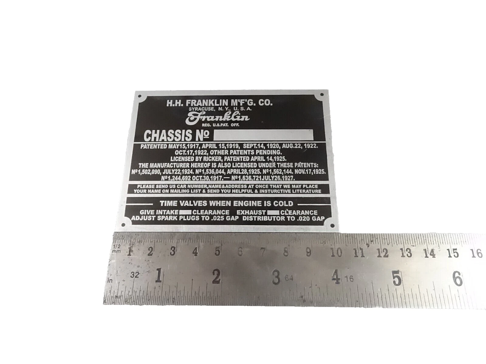 DATA PLATE FITS TO H.H. FRANKLIN AUTO 1928-31 #V399-8