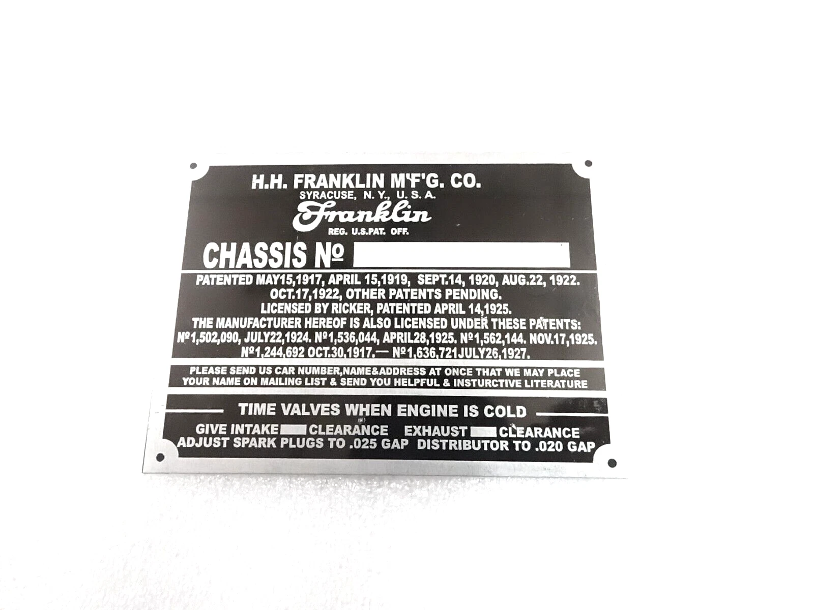 DATA PLATE FITS TO H.H. FRANKLIN AUTO 1928-31 #V399-8