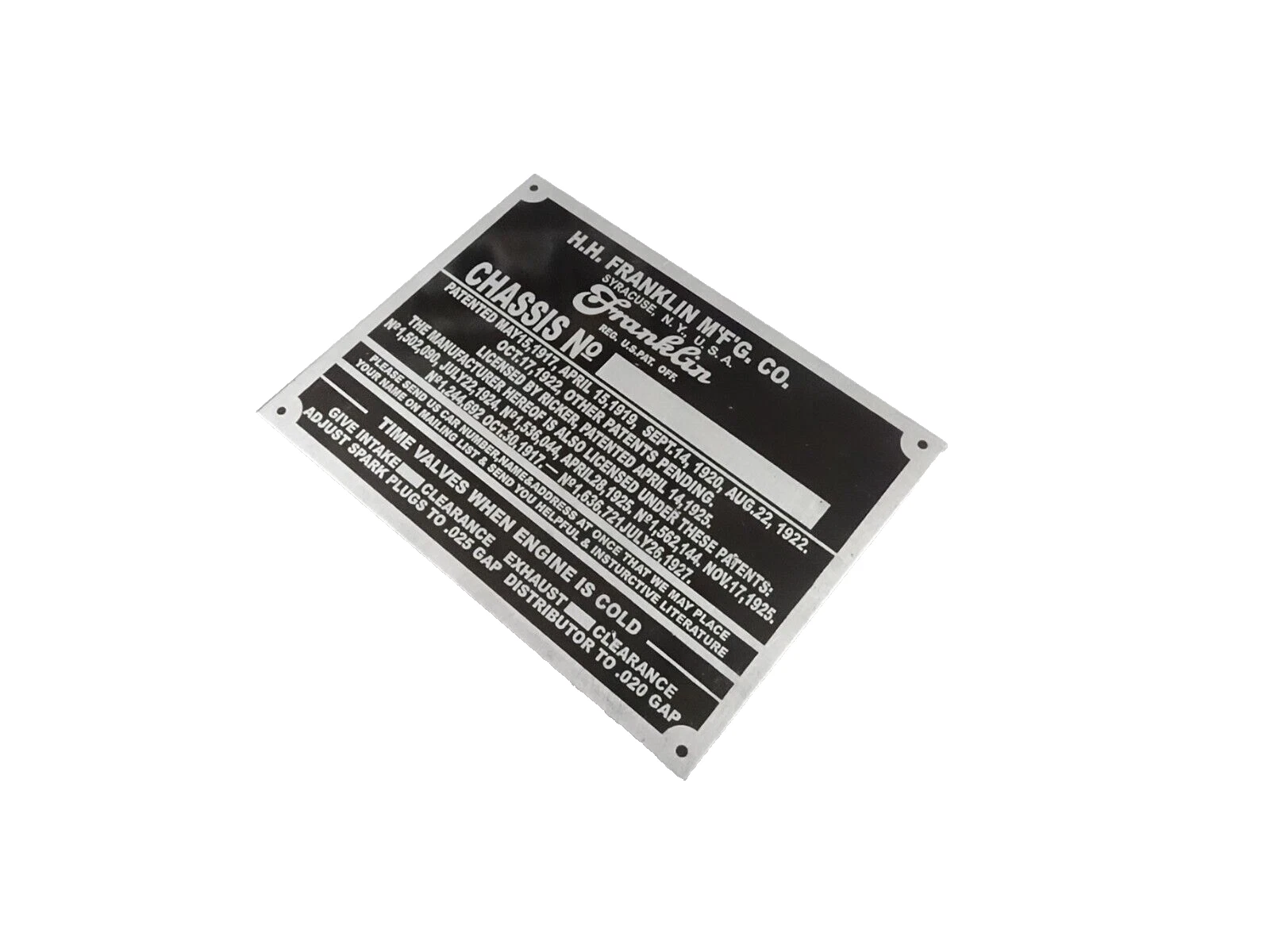 DATA PLATE FITS TO H.H. FRANKLIN AUTO 1928-31 #V399-8