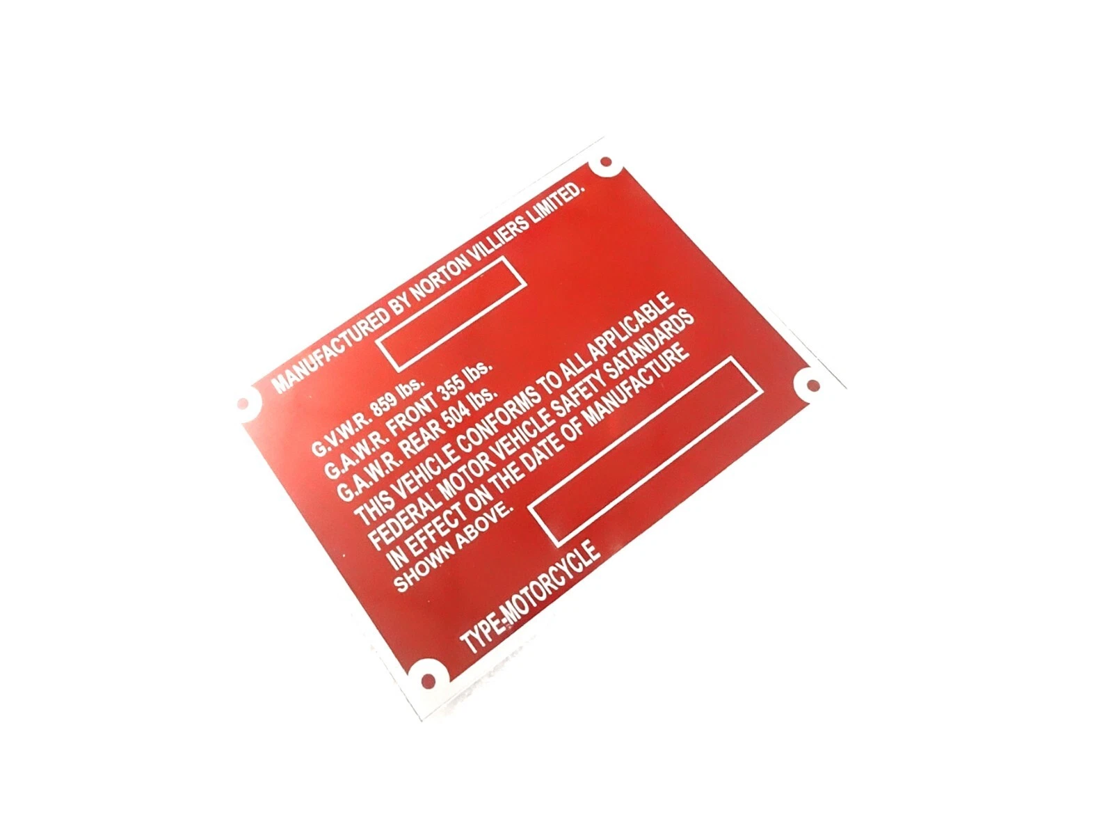 DATA PLATE FITS TO VINTAGE CLASSIC NORTON COMMANDO 750 AND 850 1972-74 #V439-8