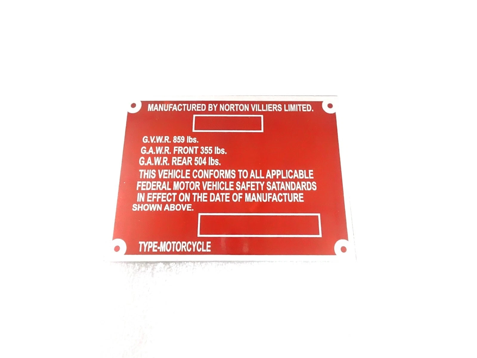 DATA PLATE FITS TO VINTAGE CLASSIC NORTON COMMANDO 750 AND 850 1972-74 #V439-8
