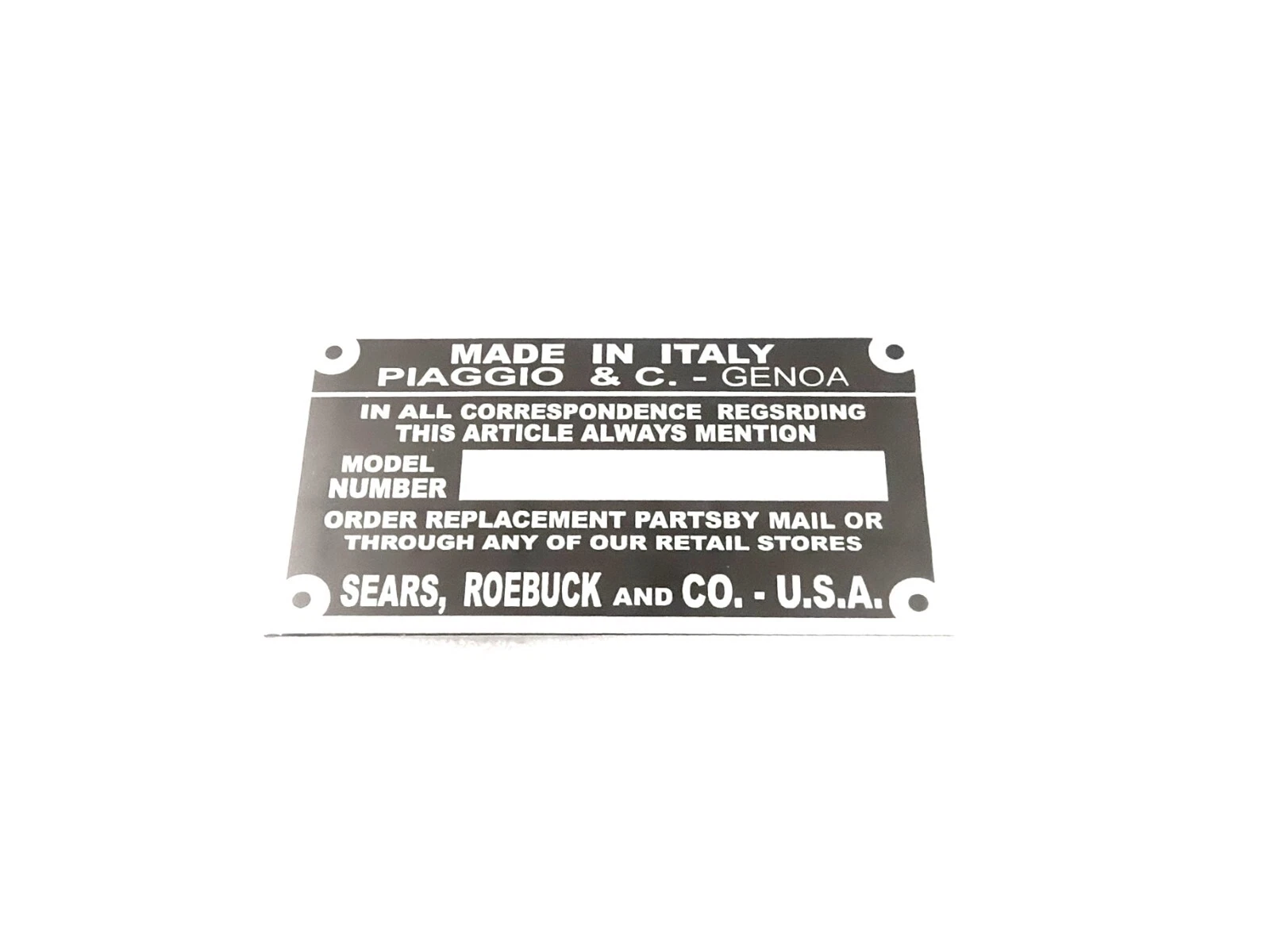 DATA PLATE FITS TO VINTAGE CLASSIC PIAGGIO VESPA SCOOTERS #V441-8