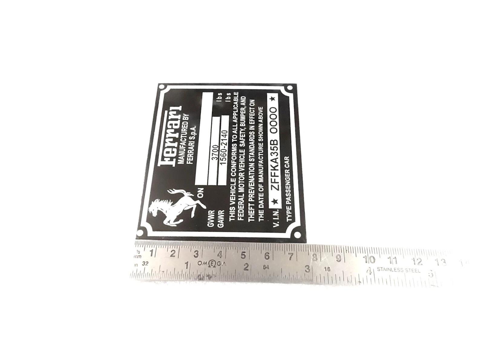 DATA PLATE FITS TO FERRARI CHASIS FEDERAL SAFETY STANDARDS #V436-8