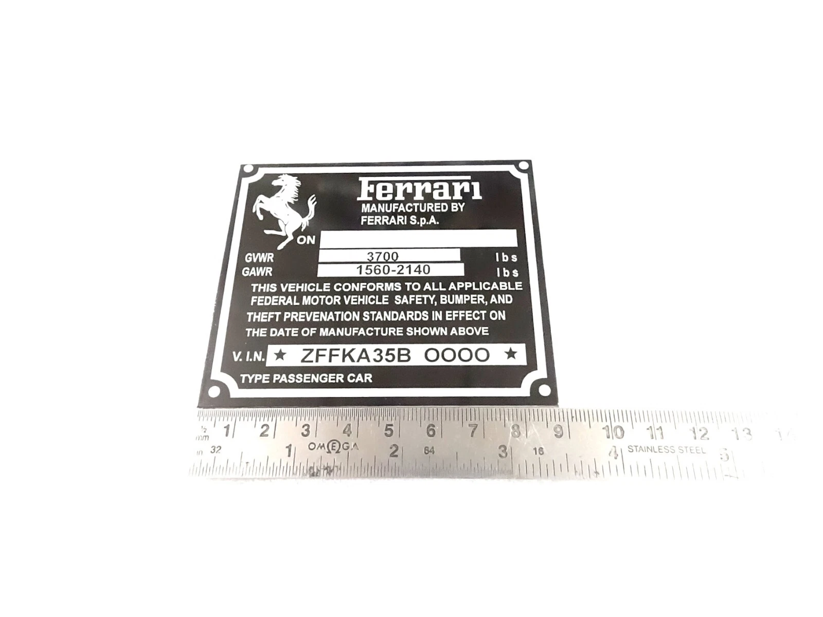 DATA PLATE FITS TO FERRARI CHASIS FEDERAL SAFETY STANDARDS #V436-8